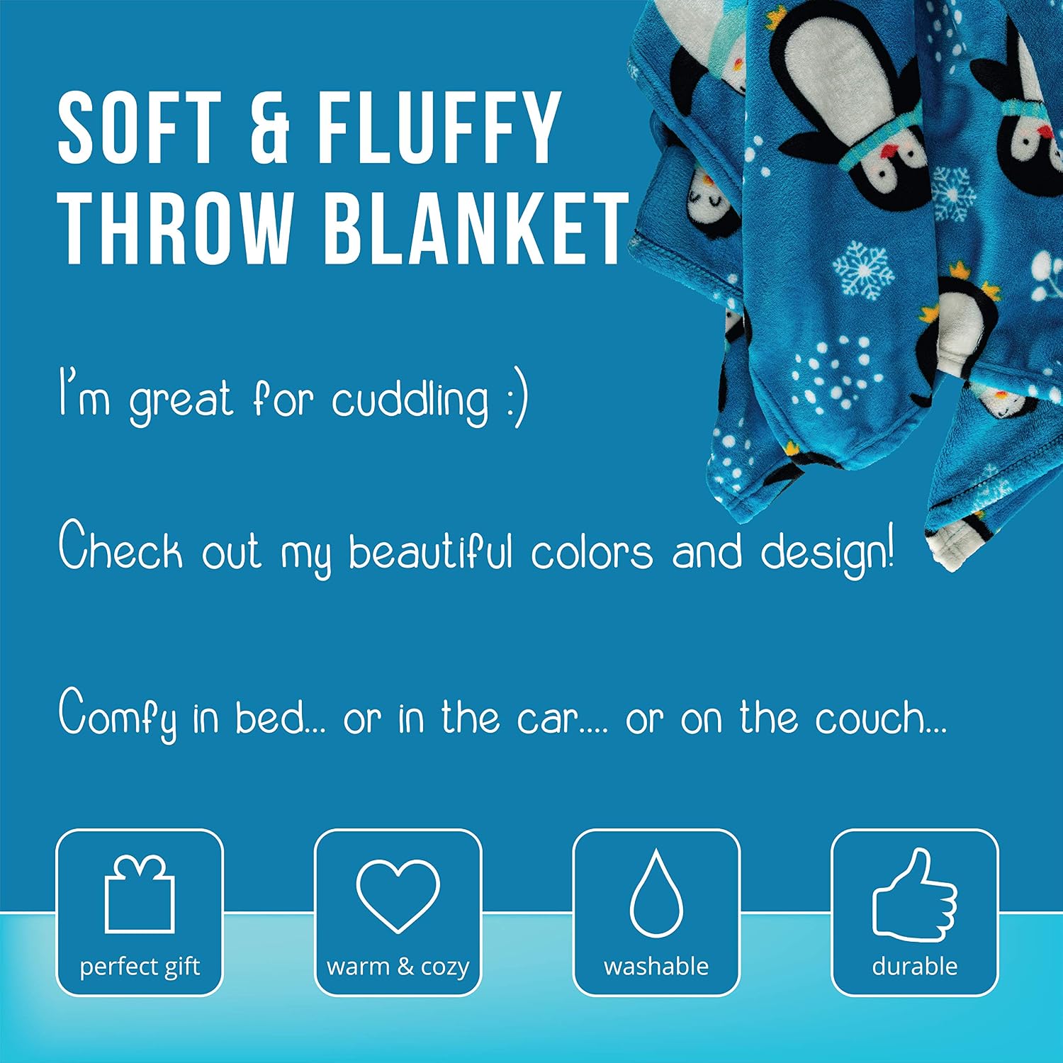 Penguin Throw Blanket, Adorable Super-Soft Extra-Large Fluffy Penguins Blanket for Adults, Kids, Girls, and Boys, Penguin Fleece Blanket (50in x 60in) Warm Cozy and Fuzzy Throw for Bed Couch and Sofa