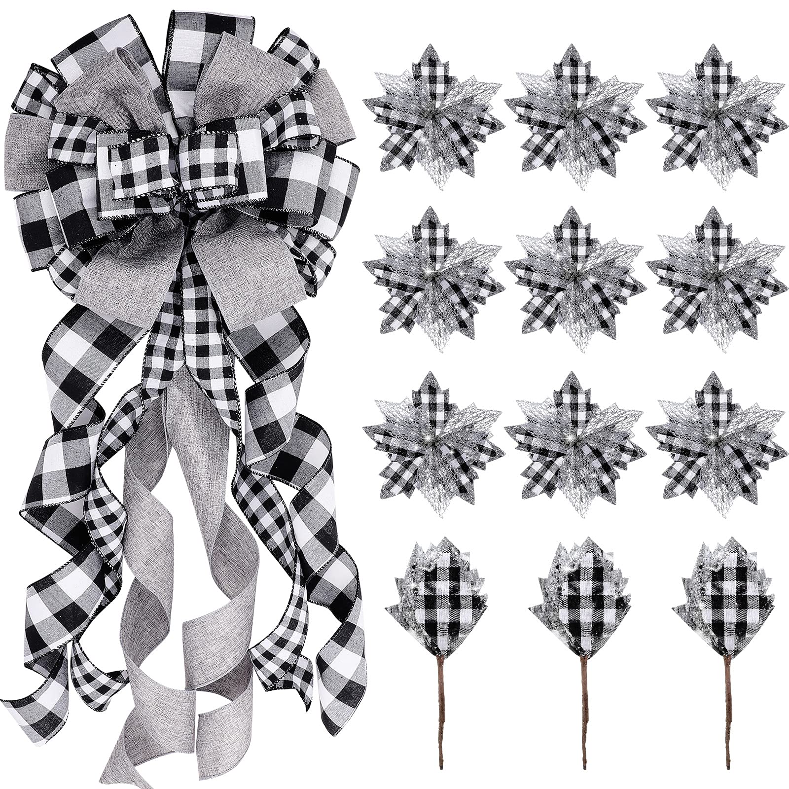 Syhood Christmas Tree Topper Decorations Large Christmas Bows Tree Ornaments and Christmas Tree Flowers for Christmas Holiday Party Decorative (Black White Buffalo Plaid,12 x 34 Inch)