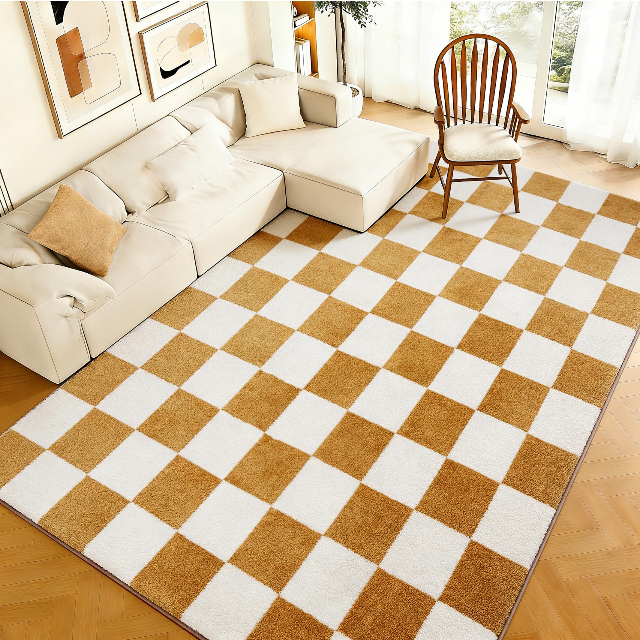 Puremy Wohnzimmerteppich, Kurzflor Teppich Wohnzimmer Schlafzimmer Kinderzimmer mit Hoch-Tief-Effekt, 3D Effekt, hohe Flordichte und angenehm weich, Moderner Bogenförmiges Design, 80x150cm, Beige