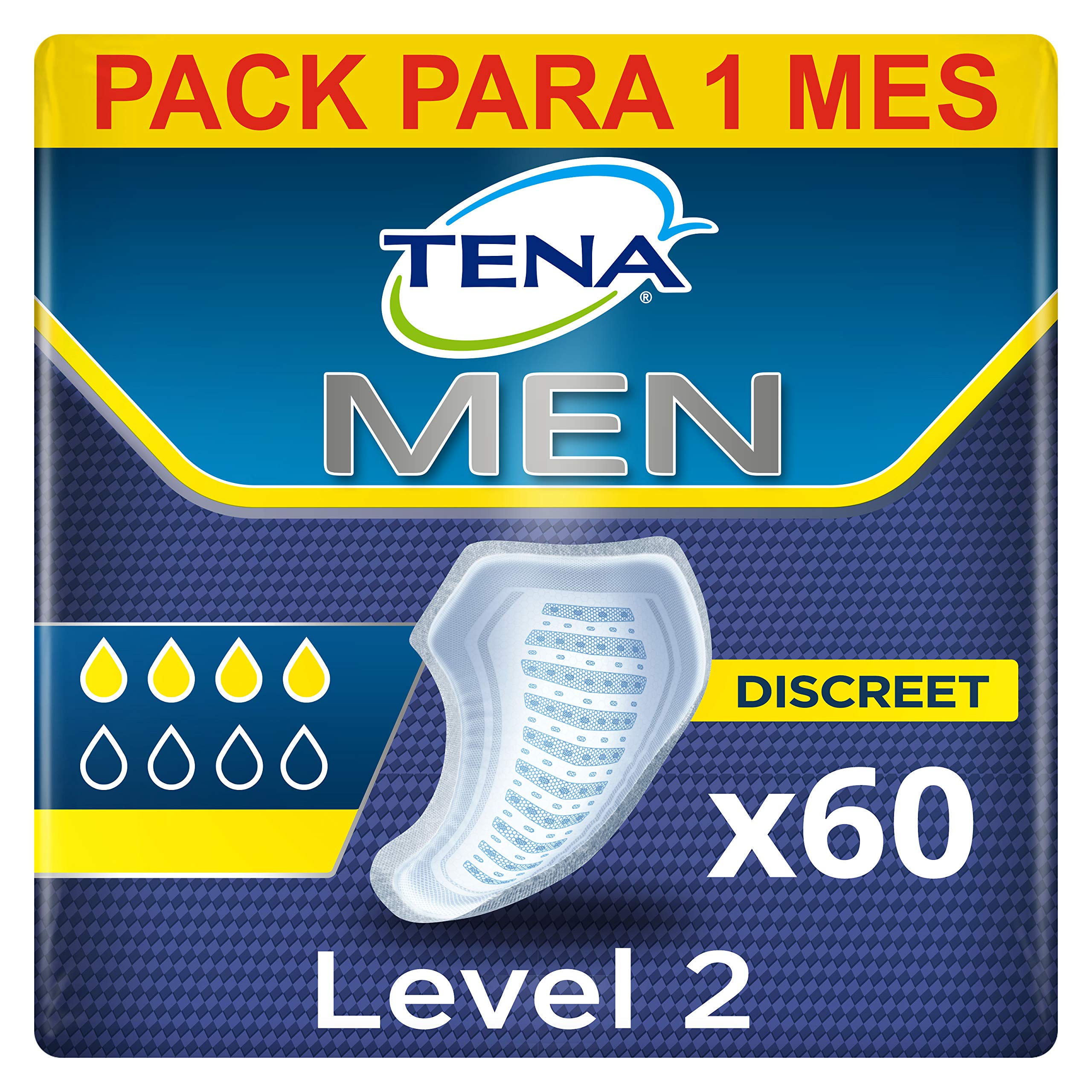 TENA MEN Absorbierende Protektoren, Level 2 - 60 Einlagen im Monatspaket (6 x 10), einzeln verpackt - Hygieneeinlagen für Männer bei mittlerem Harnverlust und Inkontinenz
