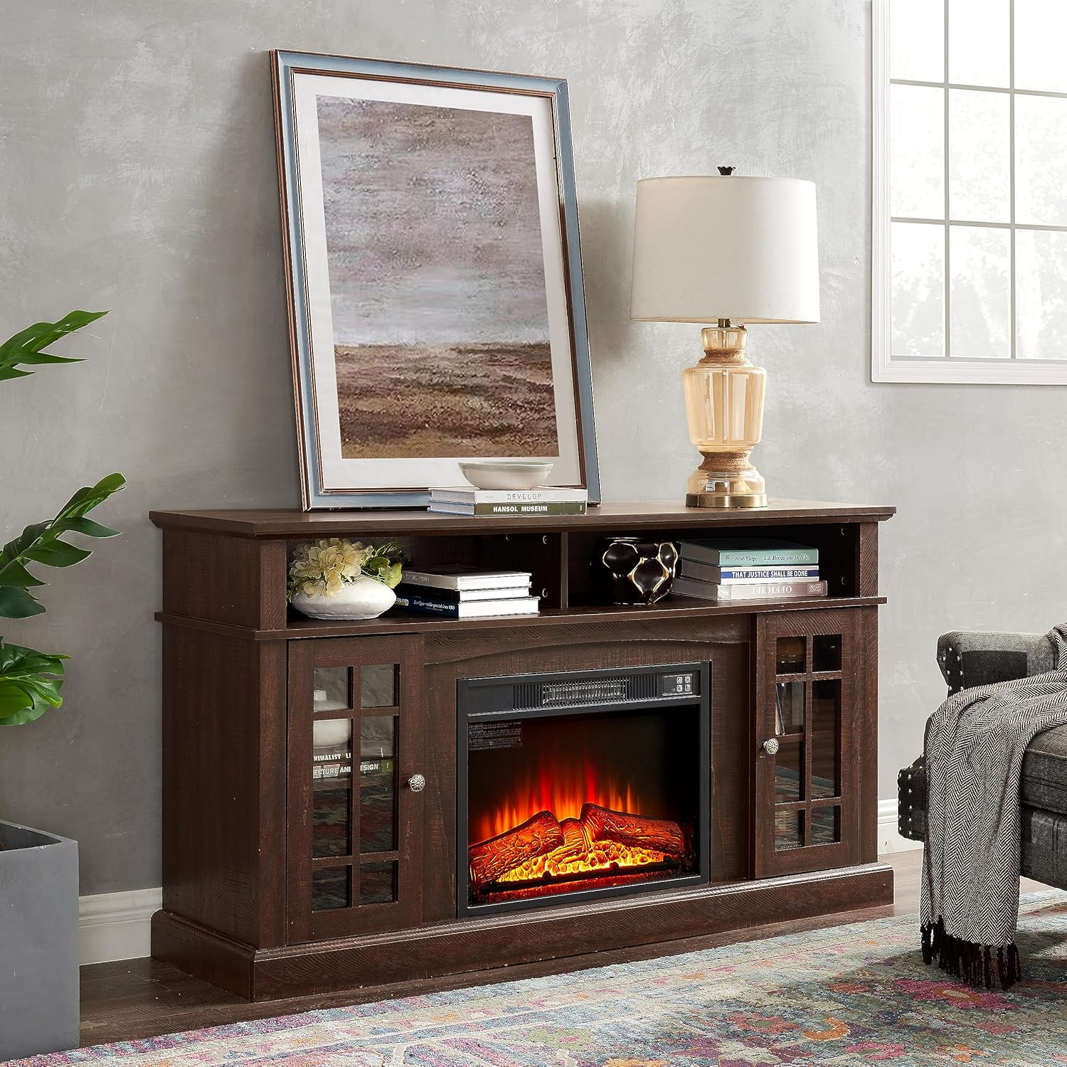 58.25" W x 15.75" D x 32" H Modern Entertainment Console with 23" Fireplace Insert for TV Up to 65", Espresso