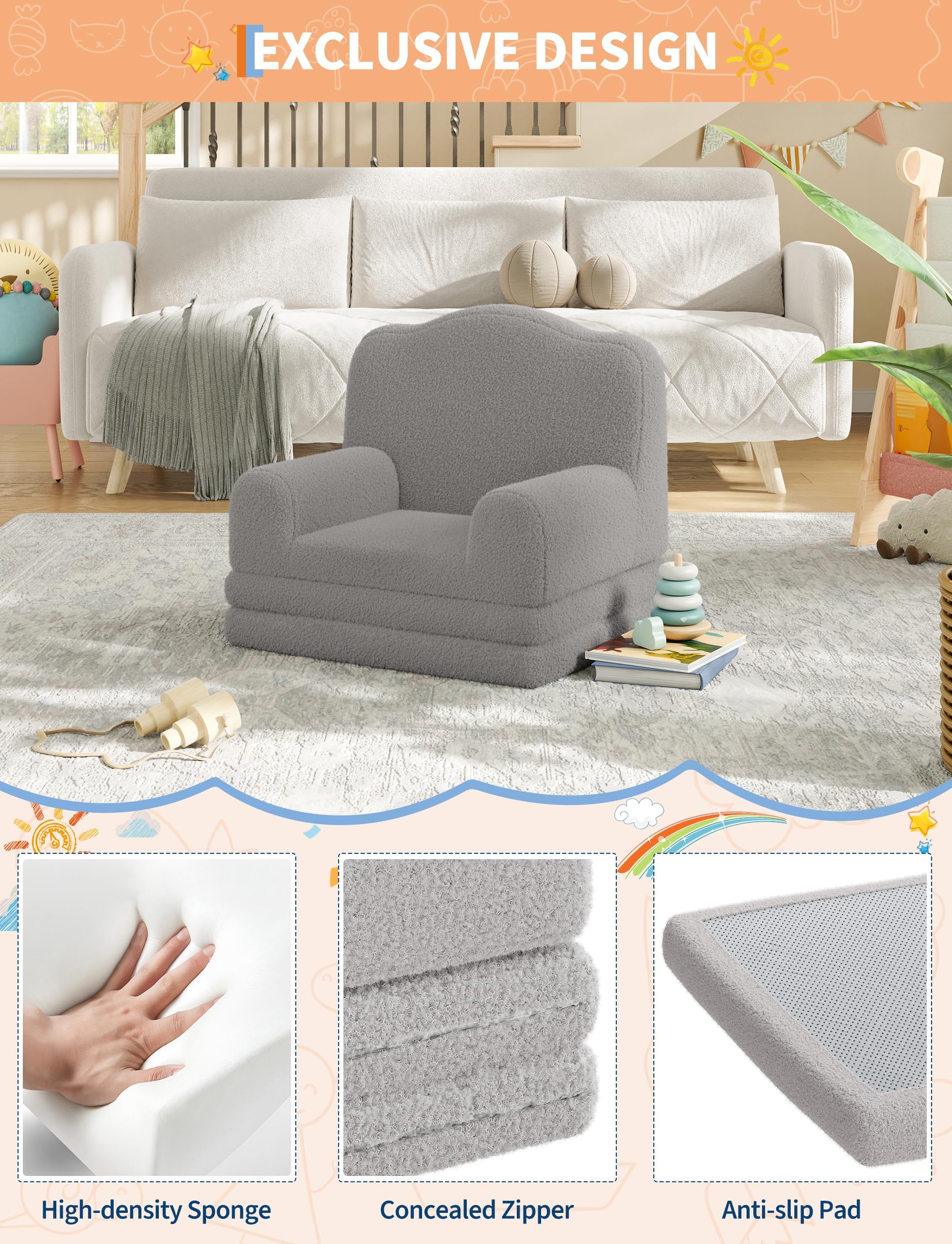 Divano Lettino Bambini 2 in 1 Pieghevole Poltrona Corona Grigio | Divano 2 in 1 pieghevole in morbido tessuto con design a corona. Fodera lavabile, perfetto per gioco e relax