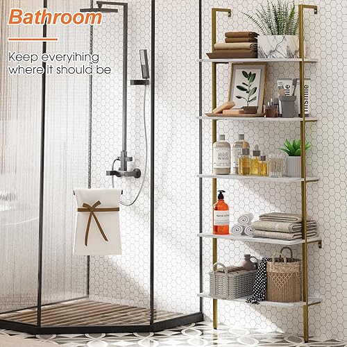 Miniatura 4 de Estantería de escalera de 5 niveles de mármol blanco, estantería moderna abierta y alta para montaje en pared, estantes de pared inclinados,