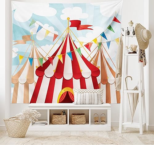 Miniatura 2 de Ambesonne Tapiz de circo tamaño King, diseño de rayas de circo, sol a través del cielo nublado, tema tradicional de artes escénicas, colcha para