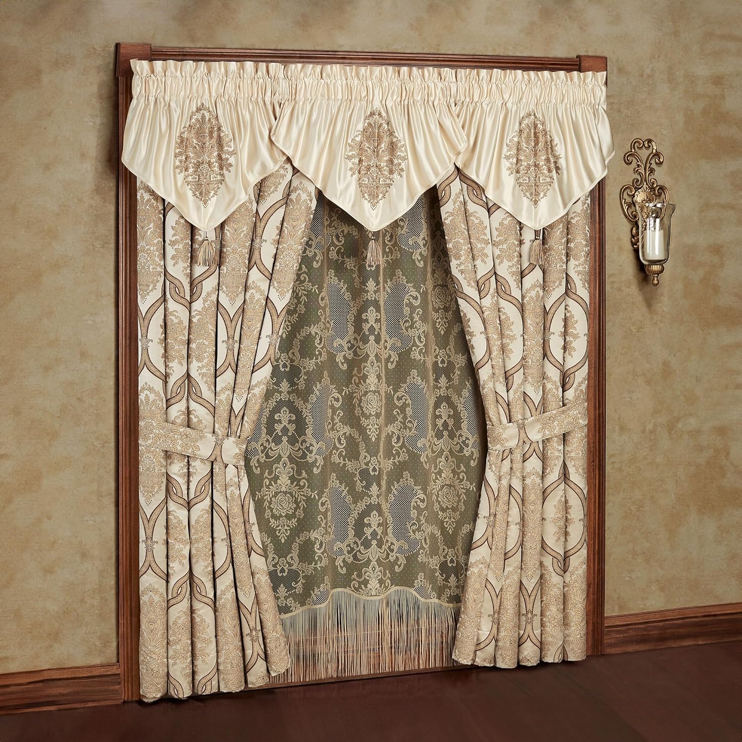 Luxurious Barrington Traditional Window Treatment | Sophisticated Jacquard Woven Damask Medallion Quatrefoil | Light Gold, Champagne, Chocolate | Drapery Set | Wide 84L Curtain Pair, 3 Ascot Valances