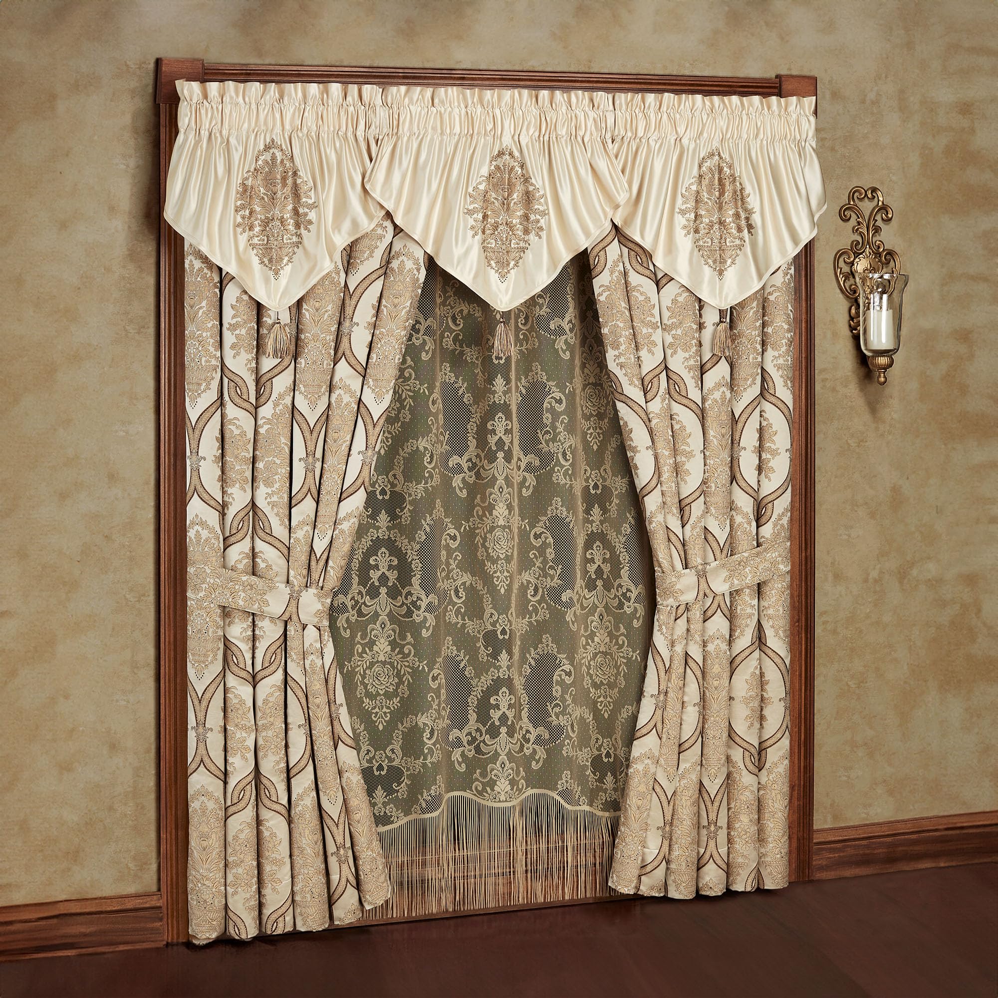 Luxurious Barrington Traditional Window Treatment | Sophisticated Jacquard Woven Damask Medallion Quatrefoil | Light Gold, Champagne, Chocolate | Drapery Set | Wide 84L Curtain Pair, 3 Ascot Valances