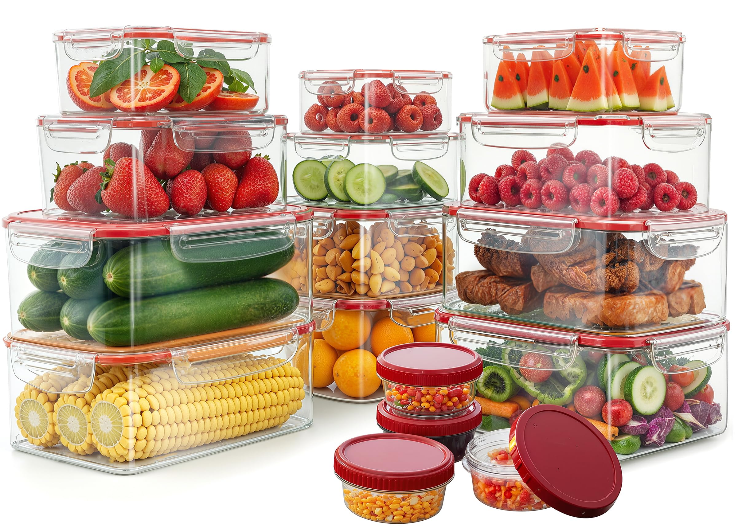 kitchen plastic food containers - food storage containers with airtight lids - reusable lunch boxes - leak proof (red, pack of 32)