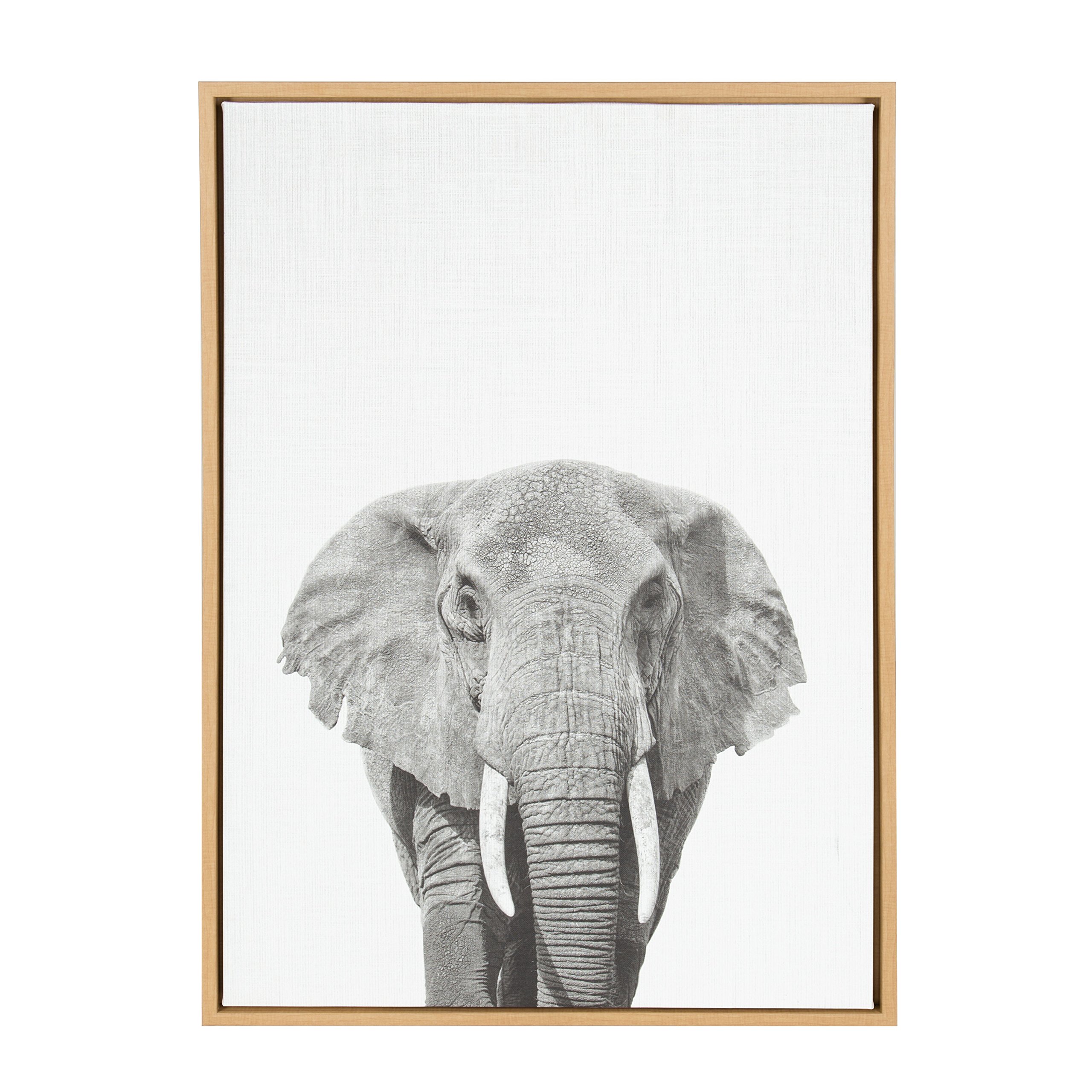 Kate and Laurel Sylvie Elephant Black and White Animal Portrait Framed Canvas Wall Art by Simon Te Tai, 23x33 Natural
