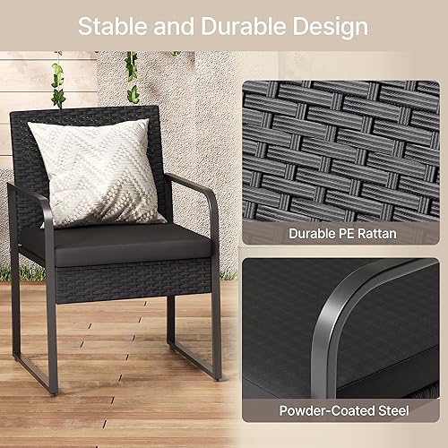 Miniatura 5 de Gizoon Juego de 3 piezas de patio bistró, conversación de ratán al aire libre con mesa de cristal, juego de muebles de mimbre con cojín, para patio