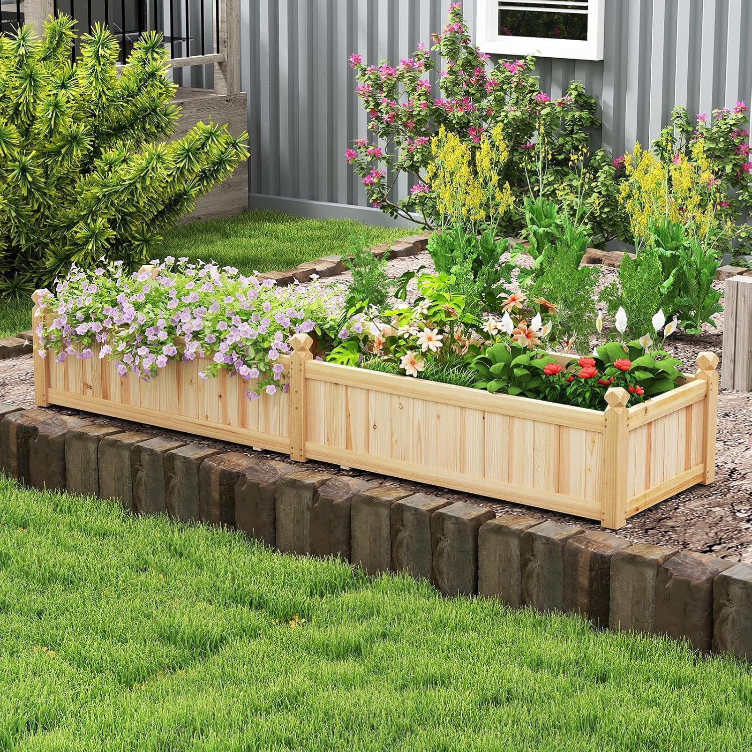 HAPPYGRILL Raised Garden Bed, Wooden Elevated Garden Box w/8 Drain Holes, Detachable Bottom Panels, Liner for Flowers Vegetables Herbs Fruits, Outdoor Planter Box for Backyard Lawn, 89" x 23.5" x 16"