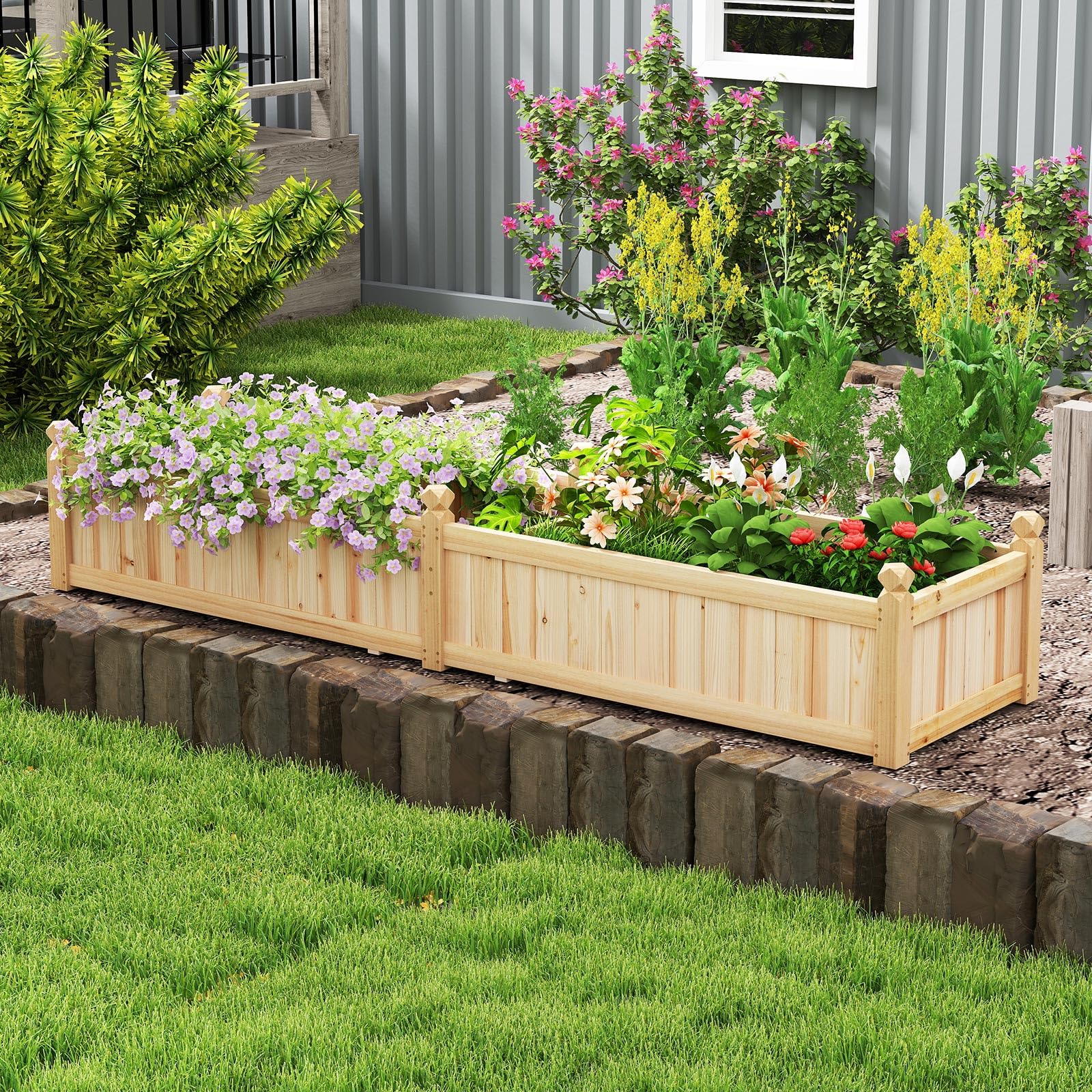 RELAX4LIFE Fioriera da Esterno, Orto Rialzato da Esterno con Divisore, Sistema di Drenaggio, Fodera in Tessuto Non Tessuto, Fioriera Legno per Verdure, Fiori, per Balcone, 227x59,5x40cm (Naturale)