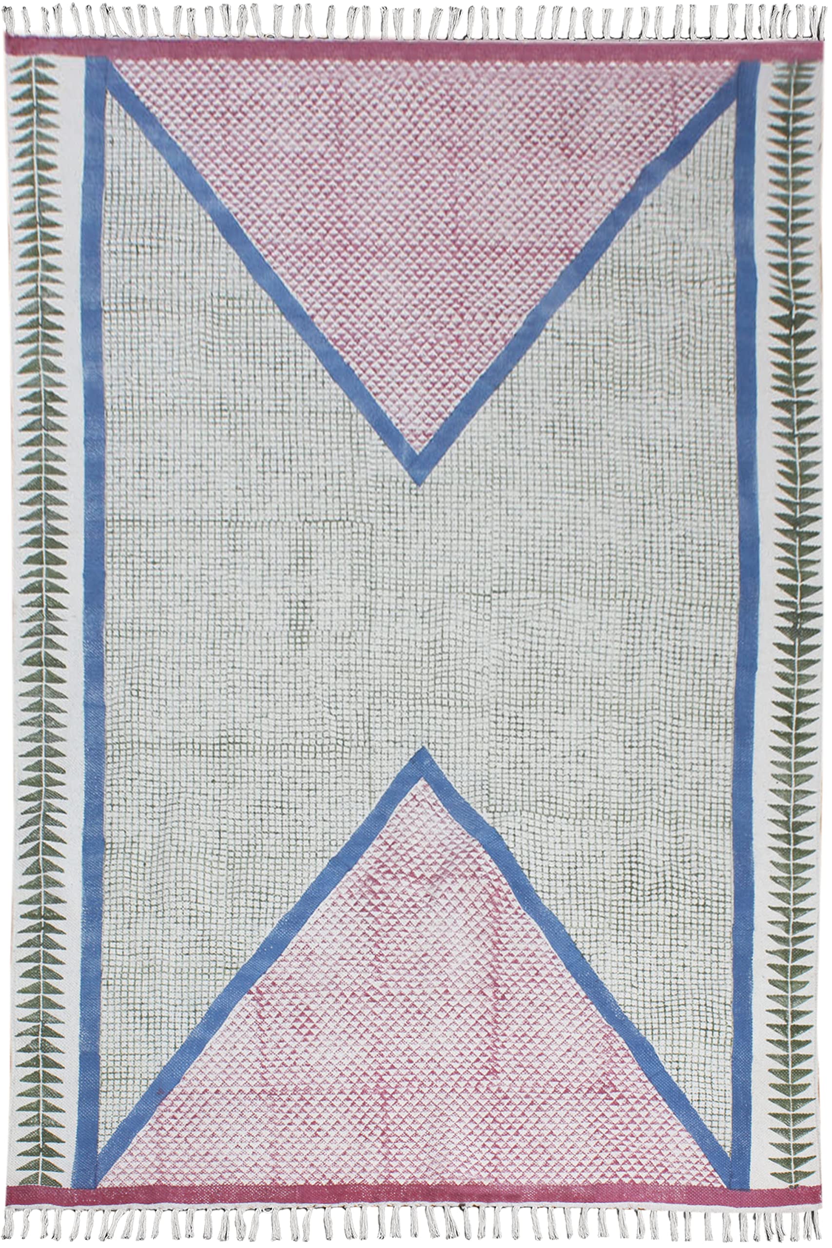 Tapis fait à la main coton Dhurrie imprimé vert rose déco 120x180 cm