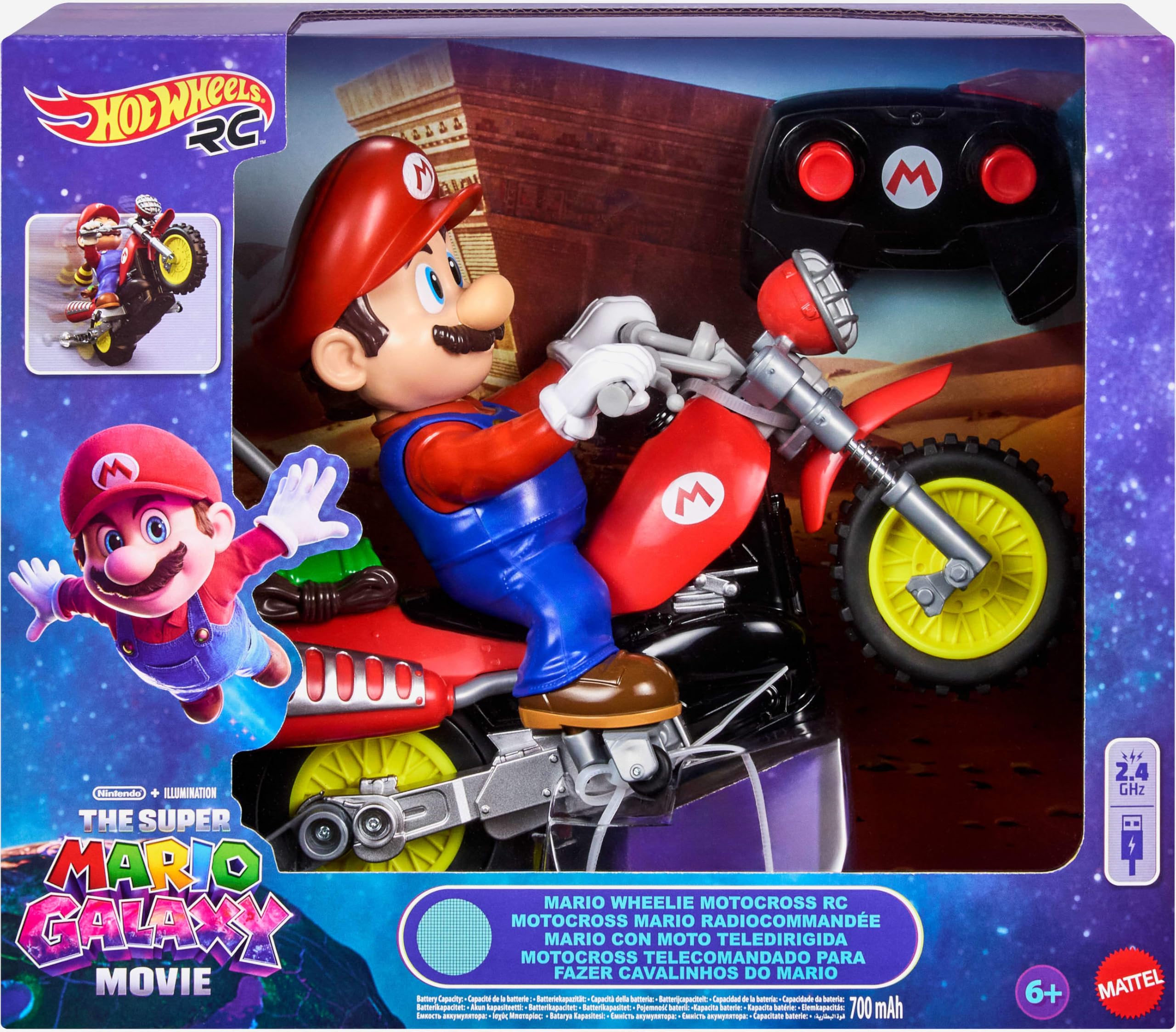 Hot Wheels Mario Kart Moto teledirigida, Moto de Motocross teledirigida para Hacer caballitos de “Super Mario Galaxy: la película” con Figura de héroe, JML15