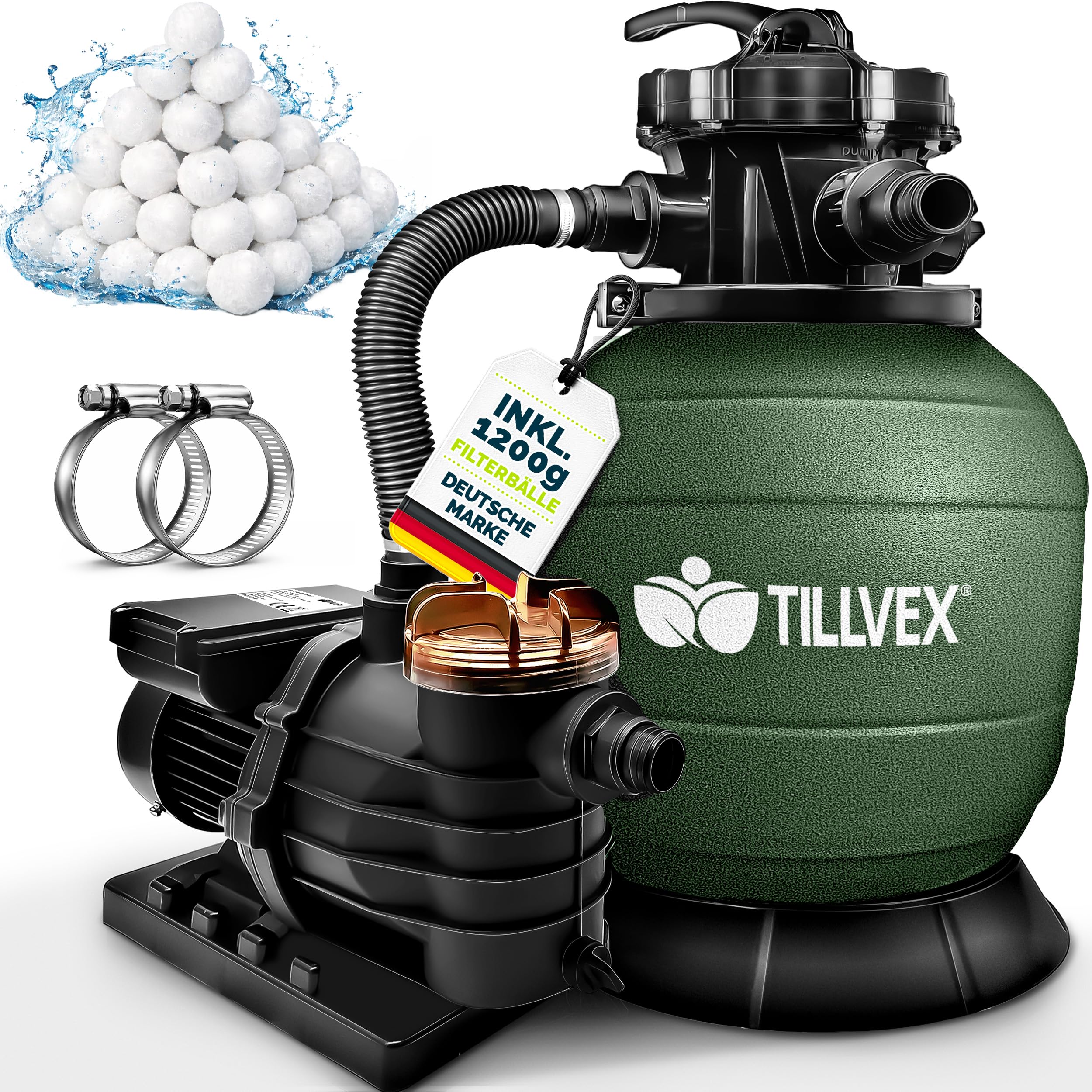 tillvex® Sandfilteranlage Pool 13.200L/h bis 40.000L + 1200g Filterbälle | Filteranlage 7-Wege Ventil & 2in1 Adapter Ø32-38mm | Poolfilter Selbstansaugend | Sandfilter Schwimmbecken (Grün)
