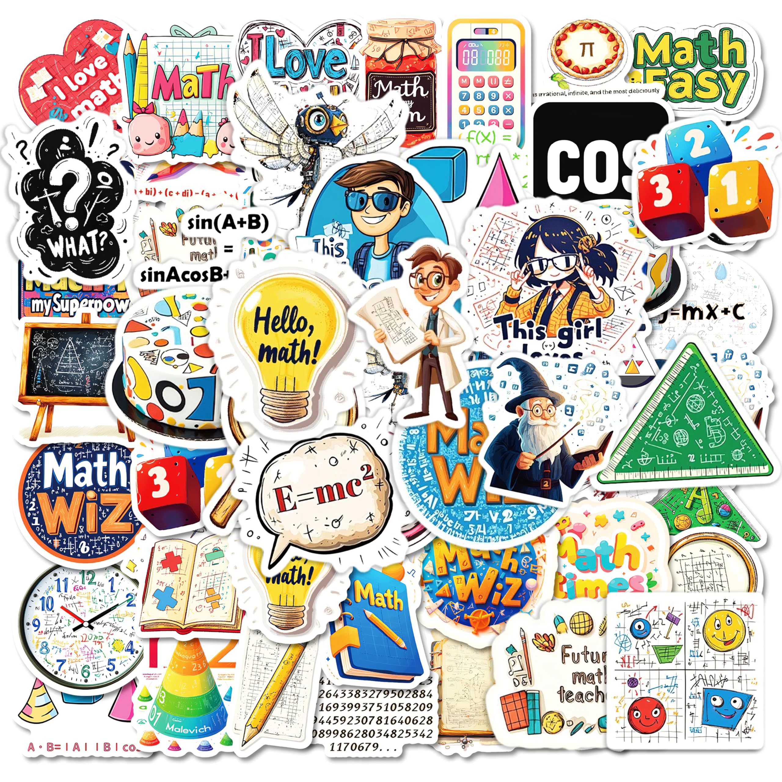 50 Pcs Math Stickers,Waterproof Funny Math Cartoon Stickers,Mathematical Sticker with Formulas & Symbols,for Learning Scrapbook Water Bottle Laptop Luggage Skateboard Guitar