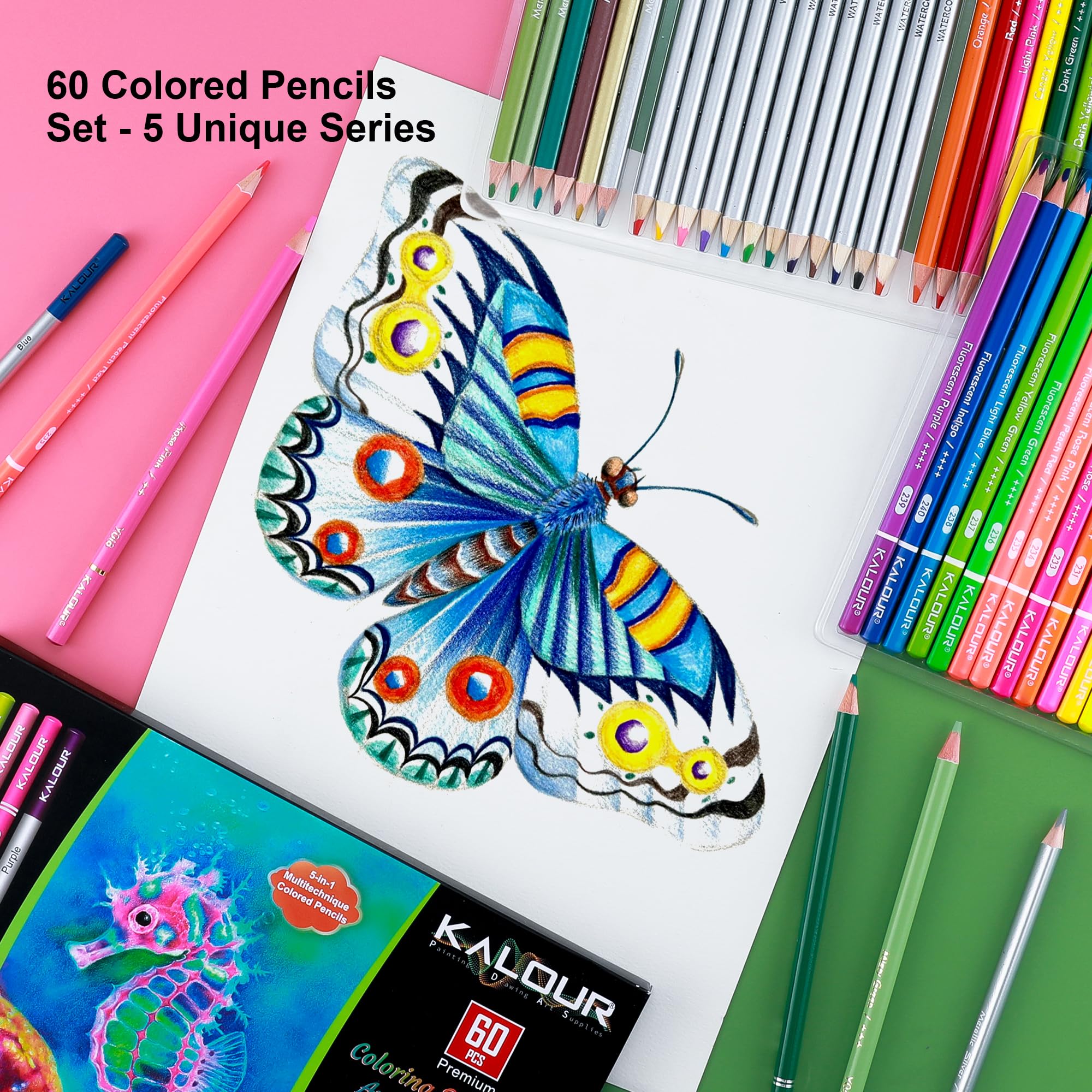 Kalour, set di 60 matite per disegno artistico, comprese matite a olio, metalliche, ad acquerello, al neon, pastelli macaron. Ideale per schizzi, colorazione e lavori fai-da-te, regalo per adulti