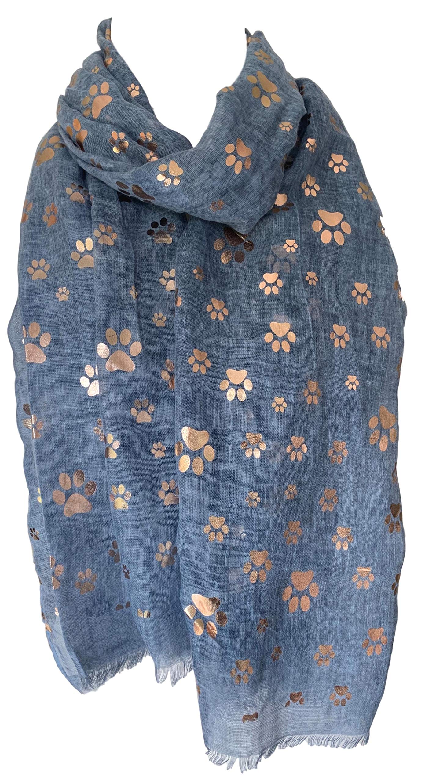 Purple Possum Women's Blue, Denim Blue ® Scarf Rose Gold Paw Print Wrap Dog Cats Foil Paws Shawl Dogs Cat (Blue)
