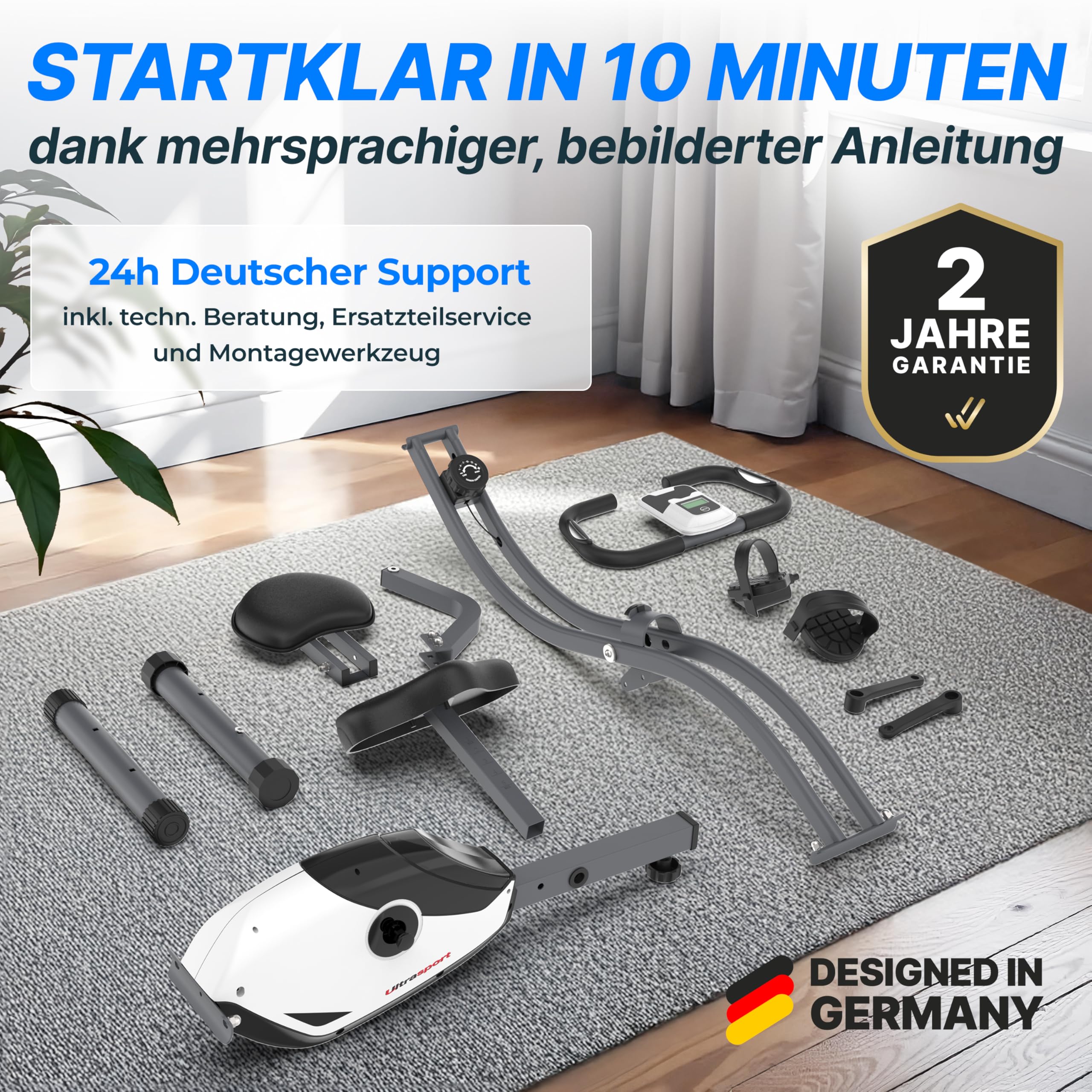 Ultrasport F-Bike 150/200, Heimtrainer, 8 Widerstandsstufen, Tablethalterung, Handpulssensoren, faltbar, platzsparend, LCD Display, für Sportler und Senioren