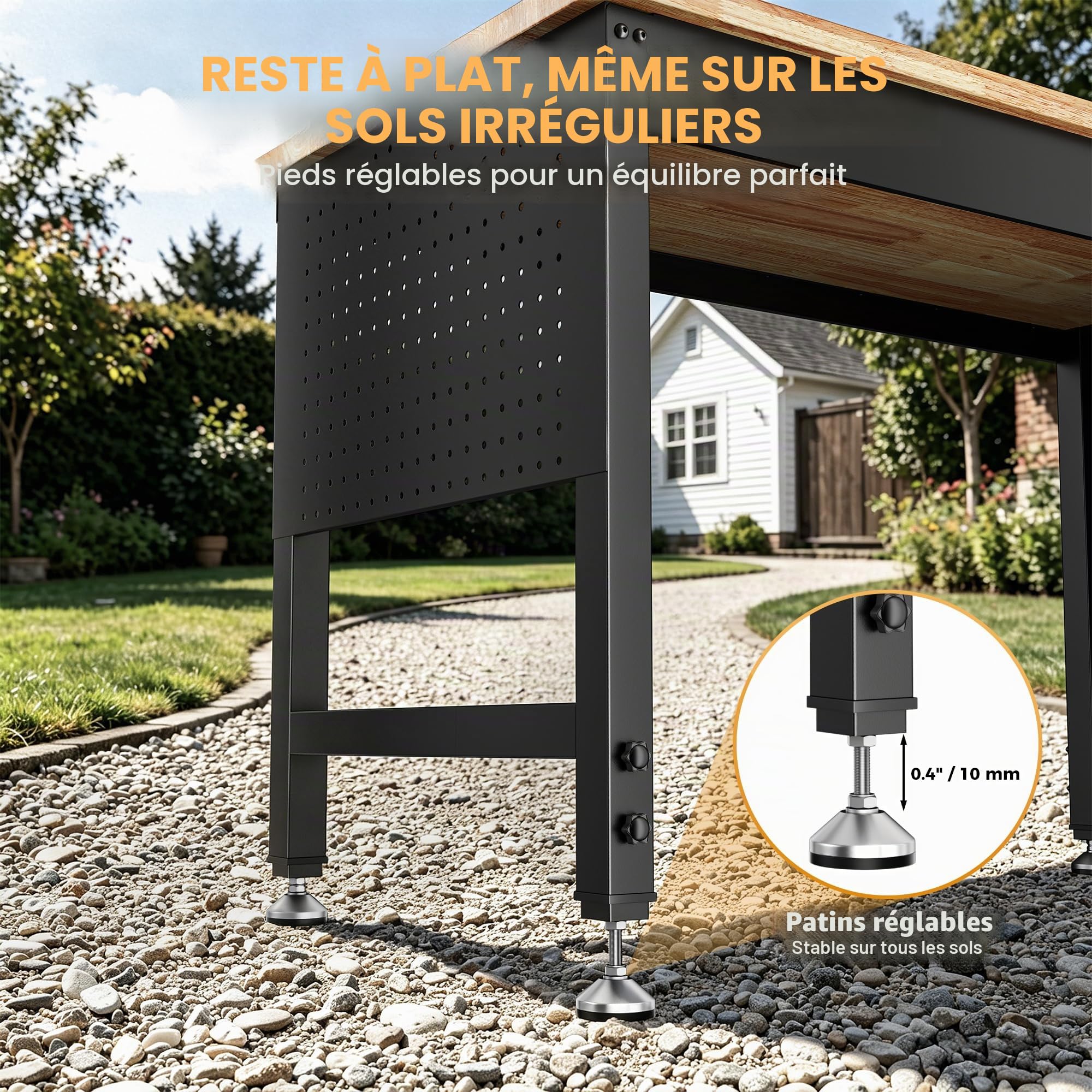 Établi Atelier Garage 152 x 55 cm, Table de Travail Robuste en Bois de Caoutchouc Massif, Capacité 907 kg, 6 Hauteurs(72-99 cm), Panneau Latéral Perforé avec Multiprise, pour Garage (152 x 55 cm)