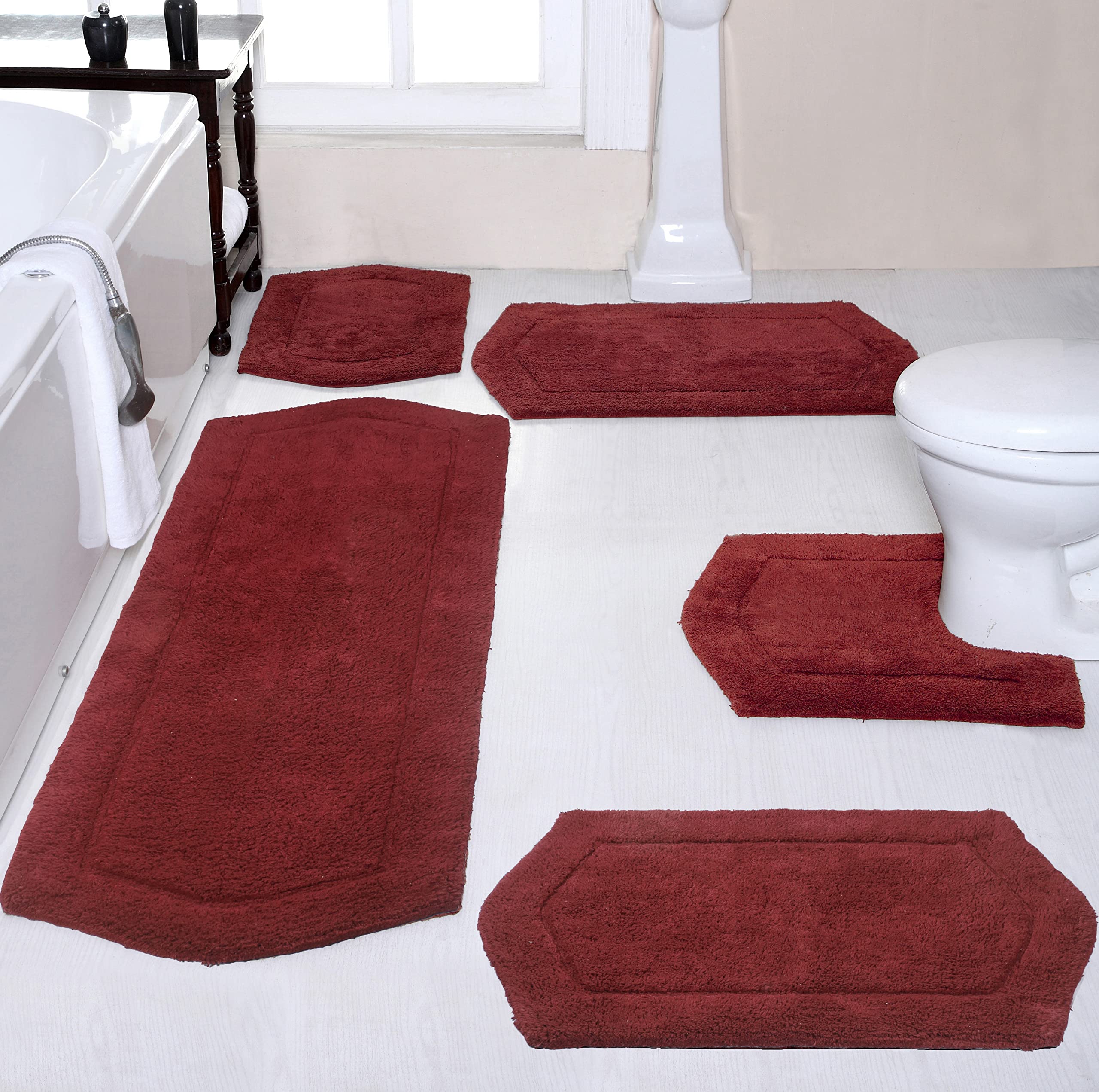 (INCOMPLETE) Home Weavers Waterford Collection 100% Cotton Tufted Bath Rug, Extra Soft and Absorbent Bath Rugs, Non-Slip Bath Mats, Machine Washable Bath Mats for Bathroom, 5 Piece Set with Contour, Red