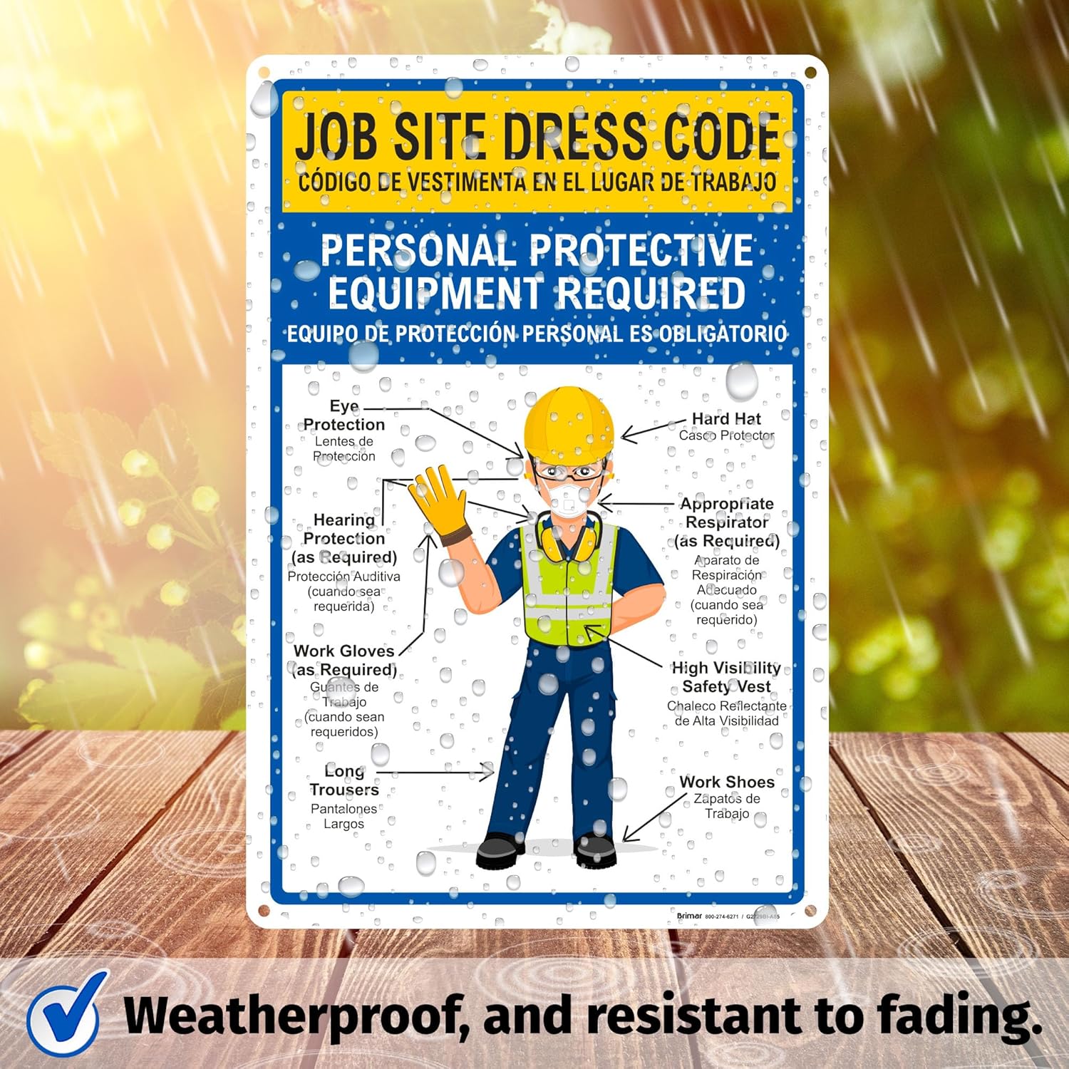 Brimar - 12" x 18" - Bilingual Job Site Dress Code Sign - .055″ Polyethylene Plastic - Bold Text - Easy Installation
