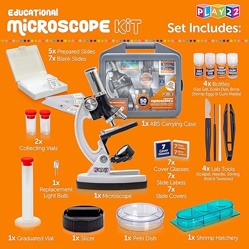 Miniatura 4 de Play22 Kit de microscopio para niños, 50 piezas, kit de ciencia para niños, 120X-1200X, microscopio de cuerpo de metal, caja de transporte,