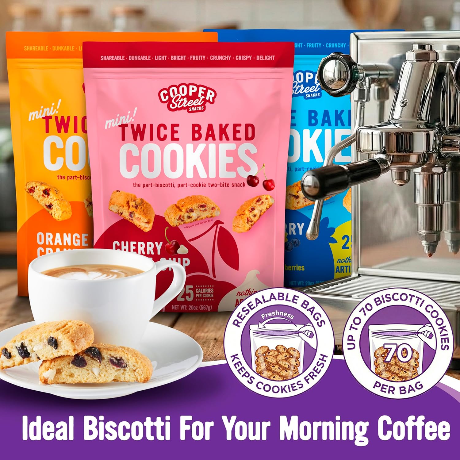 Cooper Street Cookies Twice Baked Italian Biscotti Cookies - Lemon Blueberry, Orange Cranberry and Cherry White Chunk | Crispy, Light and Healthy Cookies | Peanut & Dairy Free | 20oz | 3 Pack