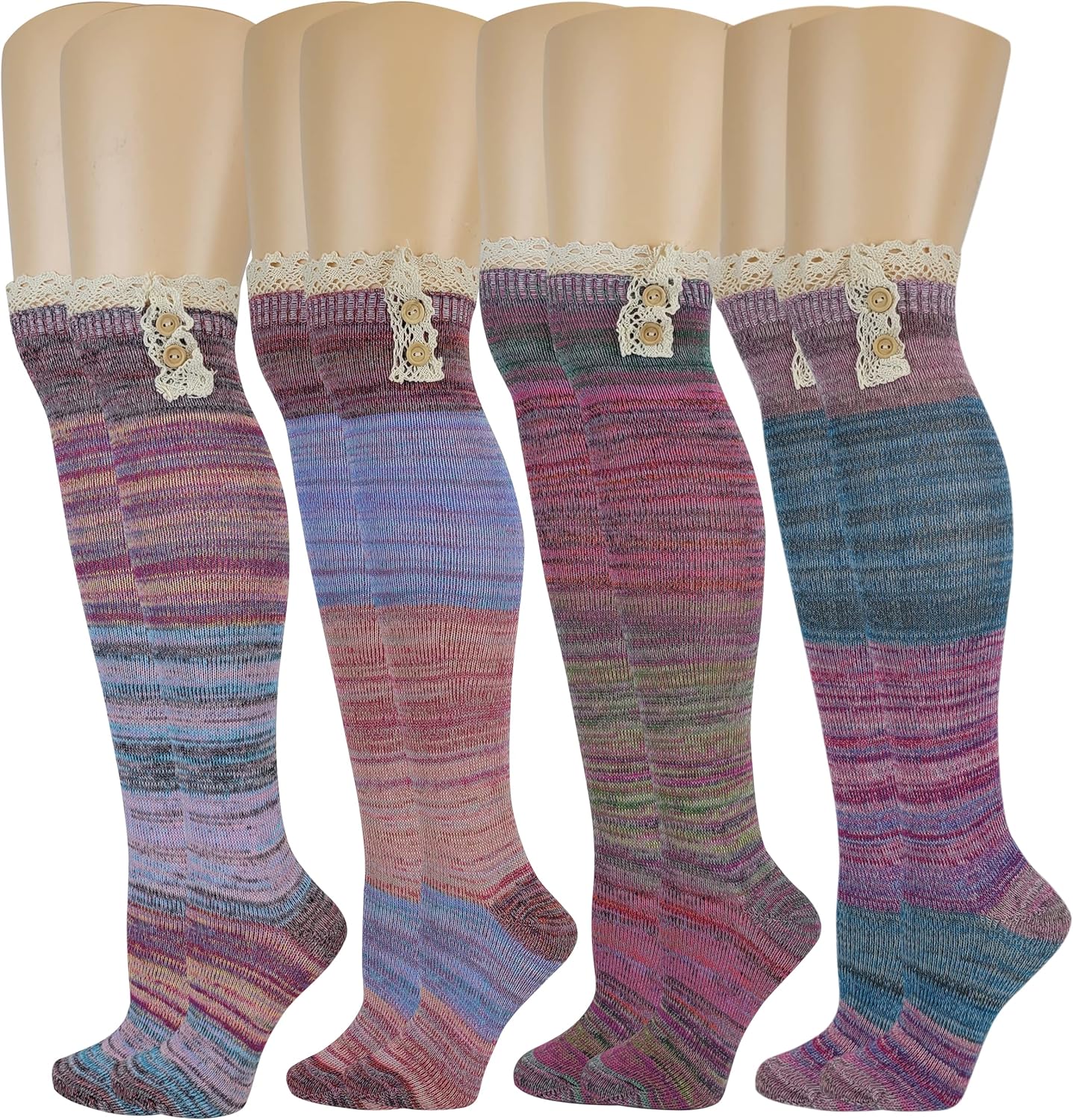 SUMONA 4 Pairs Women Assorted Color Over the Knee Casual Boot Socks With Buttons and Lace