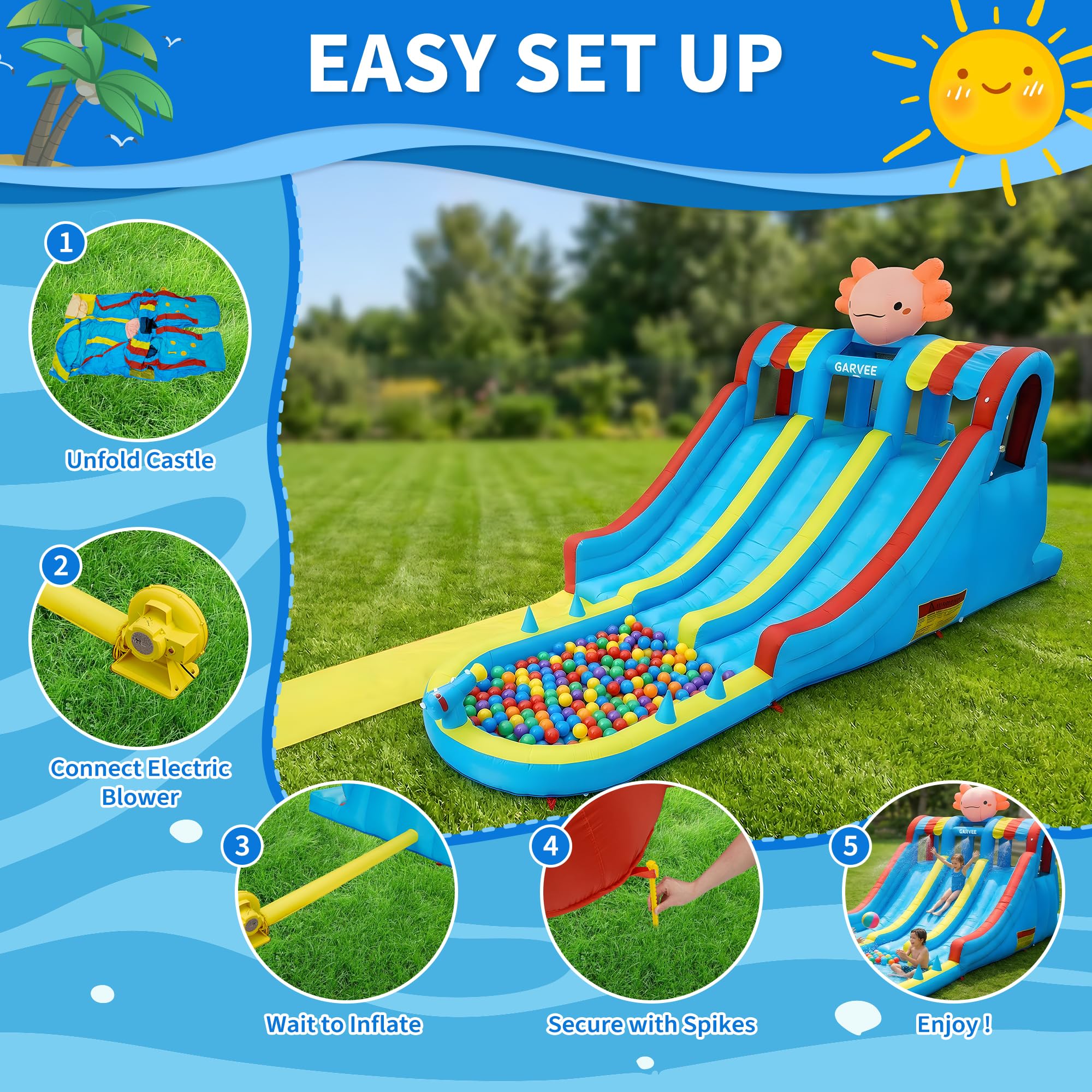 XXL Planschbecken Mit Rutsche, Wasserspielzeug Mit Gebläse, 4 Modi Indoor | Outdoor Wasserrutsche, Aufblasbar, Pool Mit Rutsche, Wasserbahn Kinder Draußen