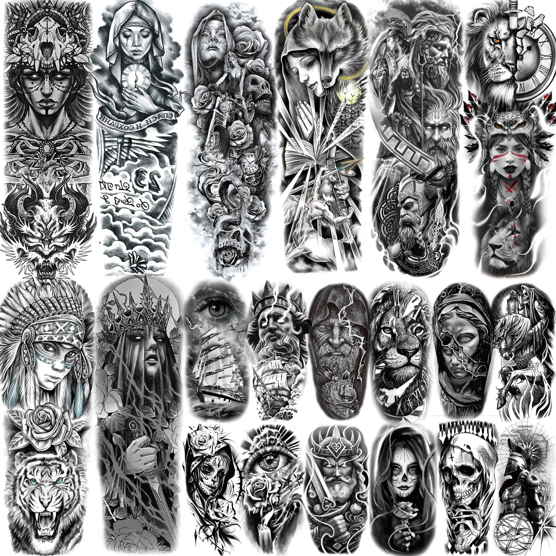 20 Sheets Gothic Nun Girl Prayer Full Arm Temporary Tattoos for Men Women Thigh Zeus God Indian Chicano Gangster Wolf FLower Fake Tattoo Sleeve for Adults Halloween Black Tattoo Stickers Skull