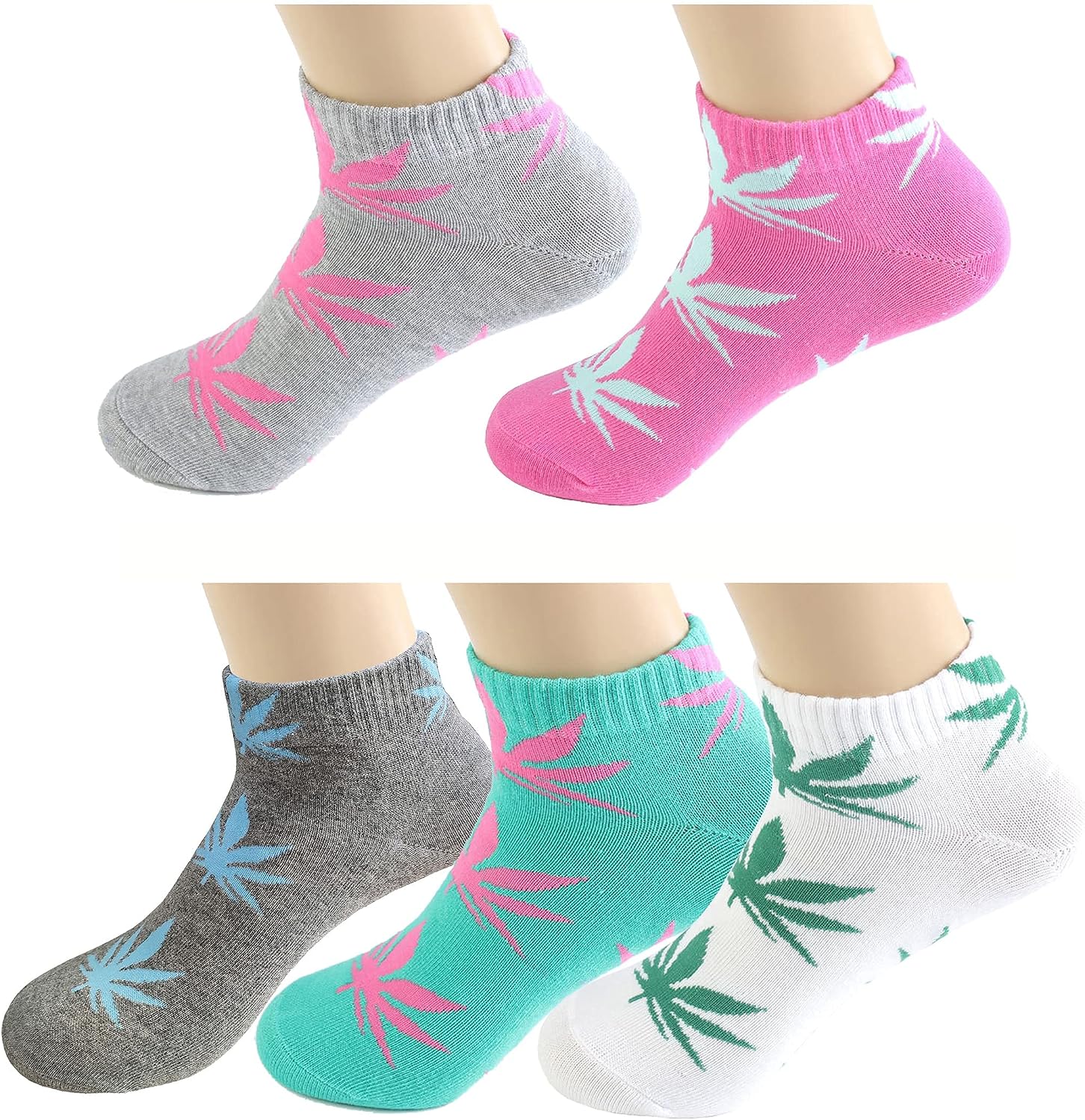 5 Pairs Unisex Marijuana Weed Leaf Printed Cotton Short Boat Socks Casual Ankle Socks US 5-9.5