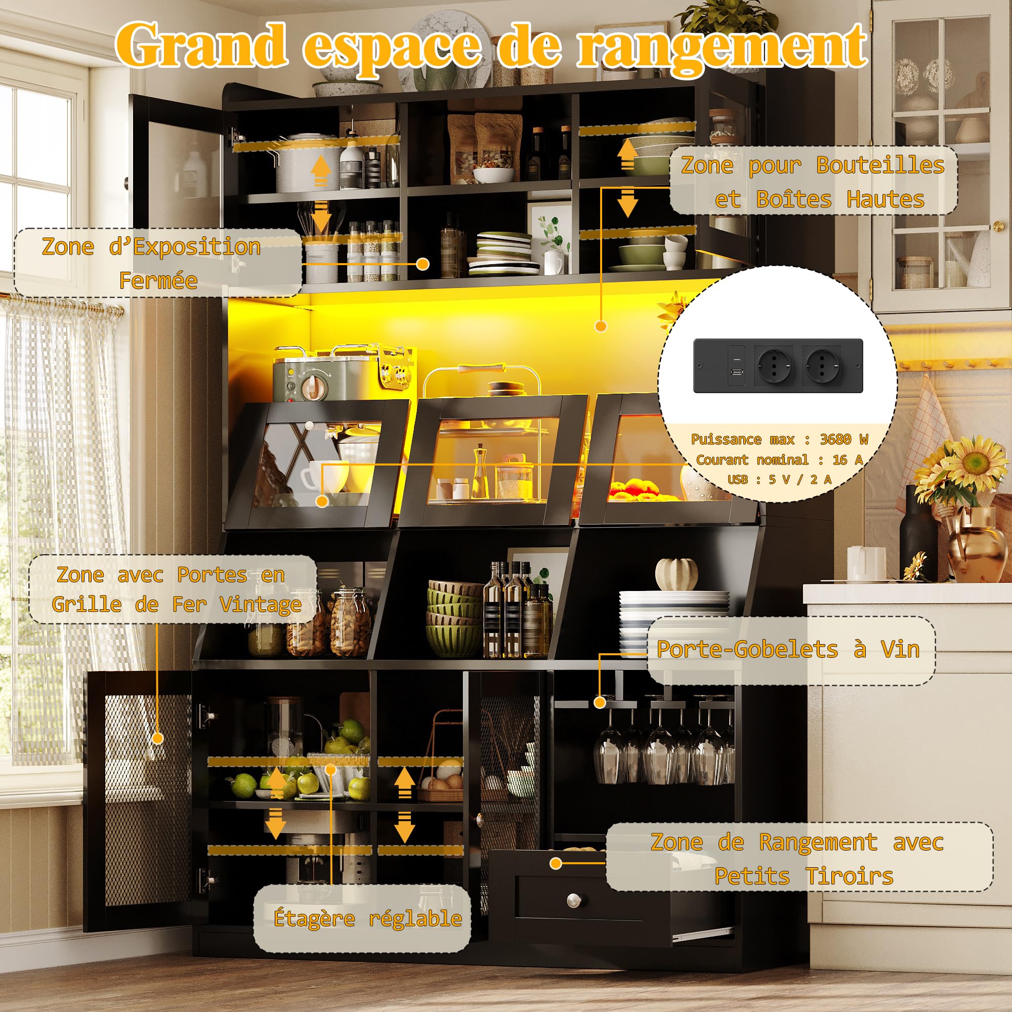 Buffet Haute Cuisine L120 x P40 x H182 cm, Armoires de Cuisine, Vaisselier avec Port USB, Meuble Cuisine Rangement avec Portes Vitrées, éclairage LED, Un Plan de Travail spacieux, Noir