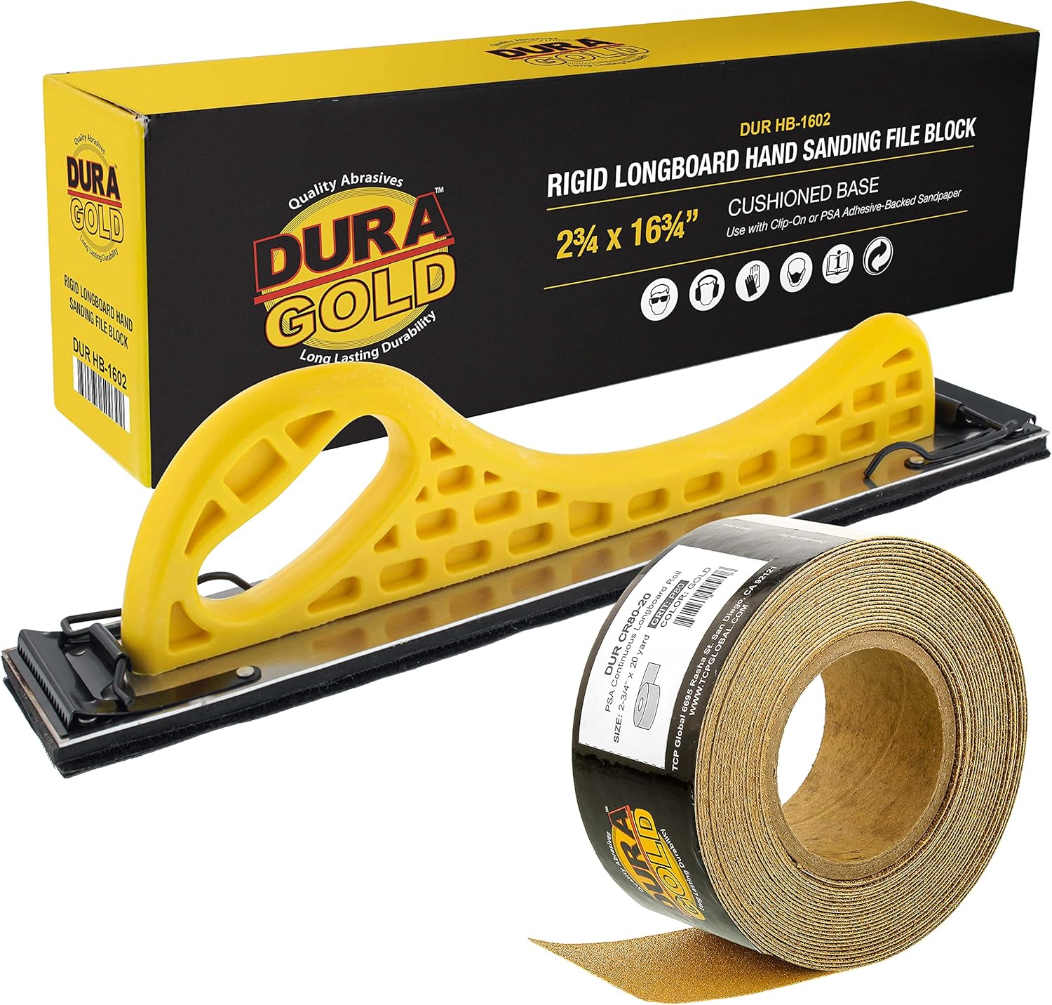 Dura-Gold Pro Series Longboard Hand Sanding File Sander Block - Hook & Loop Backing and PSA Adapter Pad & 320 Grit PSA Longboard Sandpaper 20 Yard Roll, 2-3/4" Wide