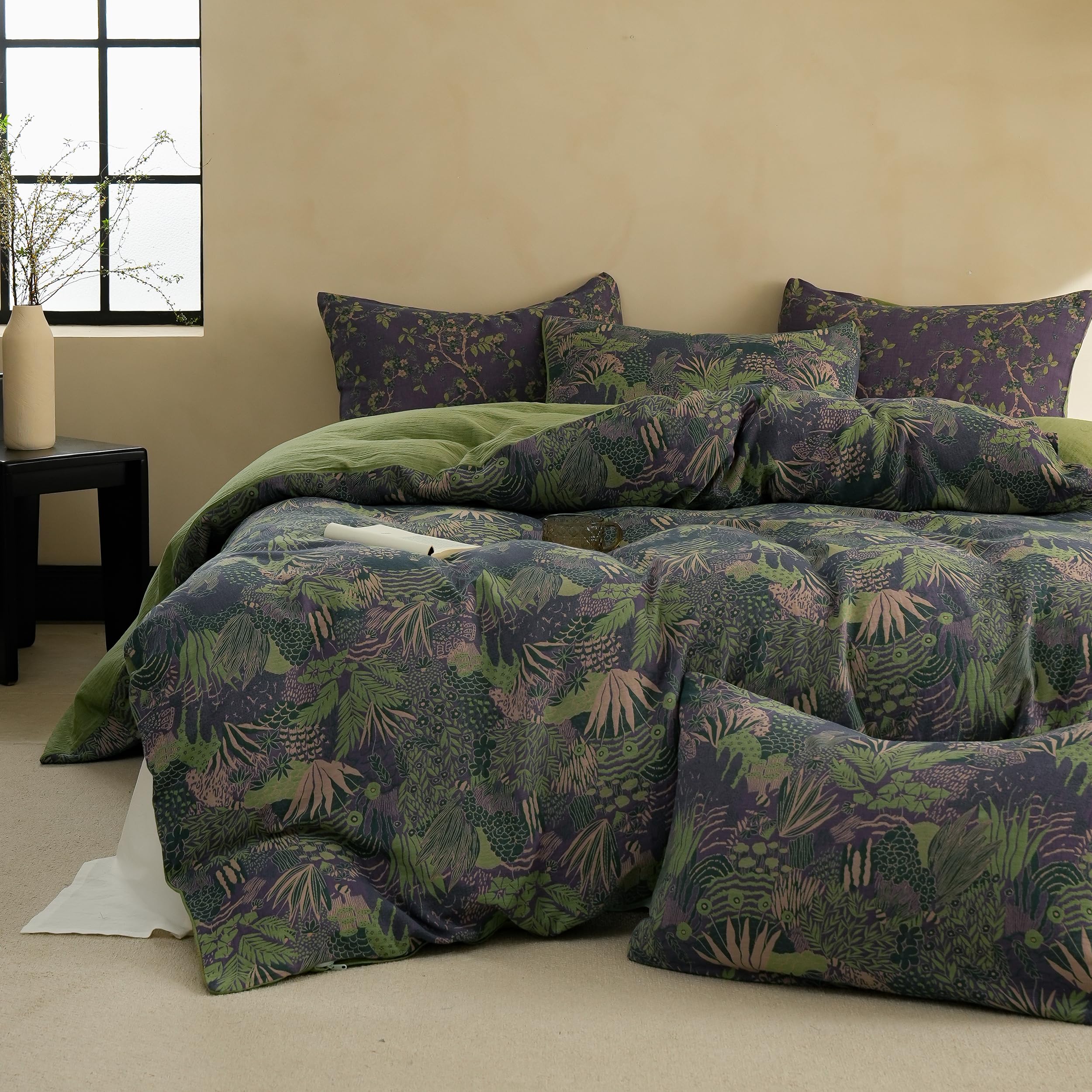 BISELINA 100% Cotton Muslin Duvet Cover Set King, 3 Pcs Yarn-Dyed Jacquard Textured Reversible Botanical Floral, Soft and Breathable Bedding Set with