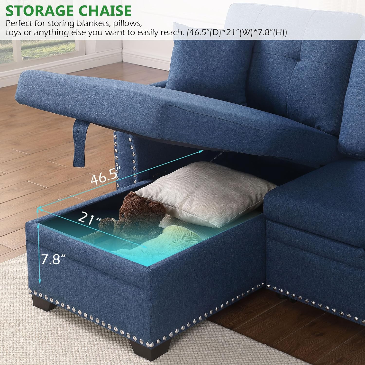 BEEY Sectional Sleeper Sofa with Pull Out Bed and Storage Chaise for Living Room (Blue2, L Shaped)