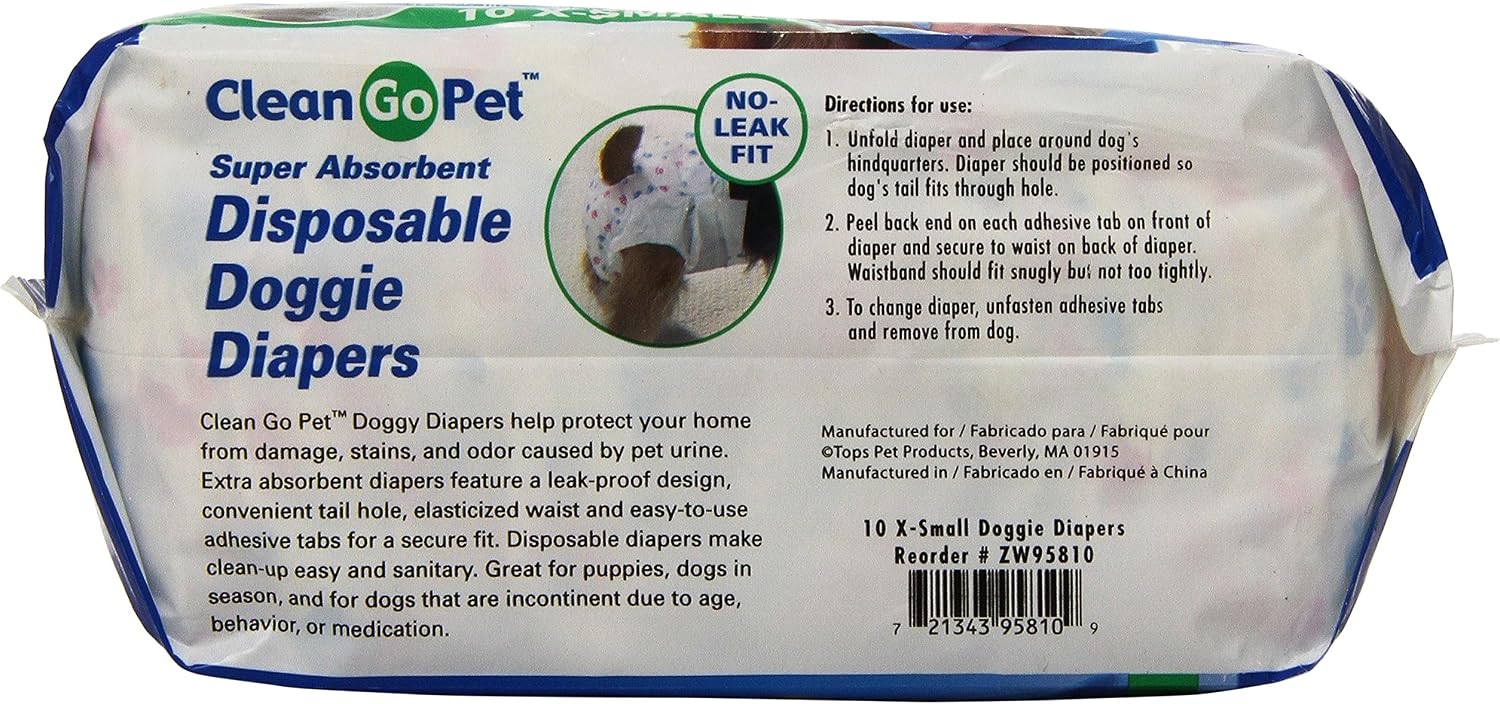 Clean Go Pet Disposable Doggie Diapers — Convenient Diapers for Incontinent Dogs, Dogs in Heat, and Puppies, X-Small