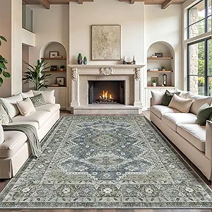 Rugland 8x10 Area Rugs - Stain Resistant Washable Rug, Anti Slip Backing Rugs for Living Room, Vintage Tribal Area Rugs(TPR07-Green, 8'x10')