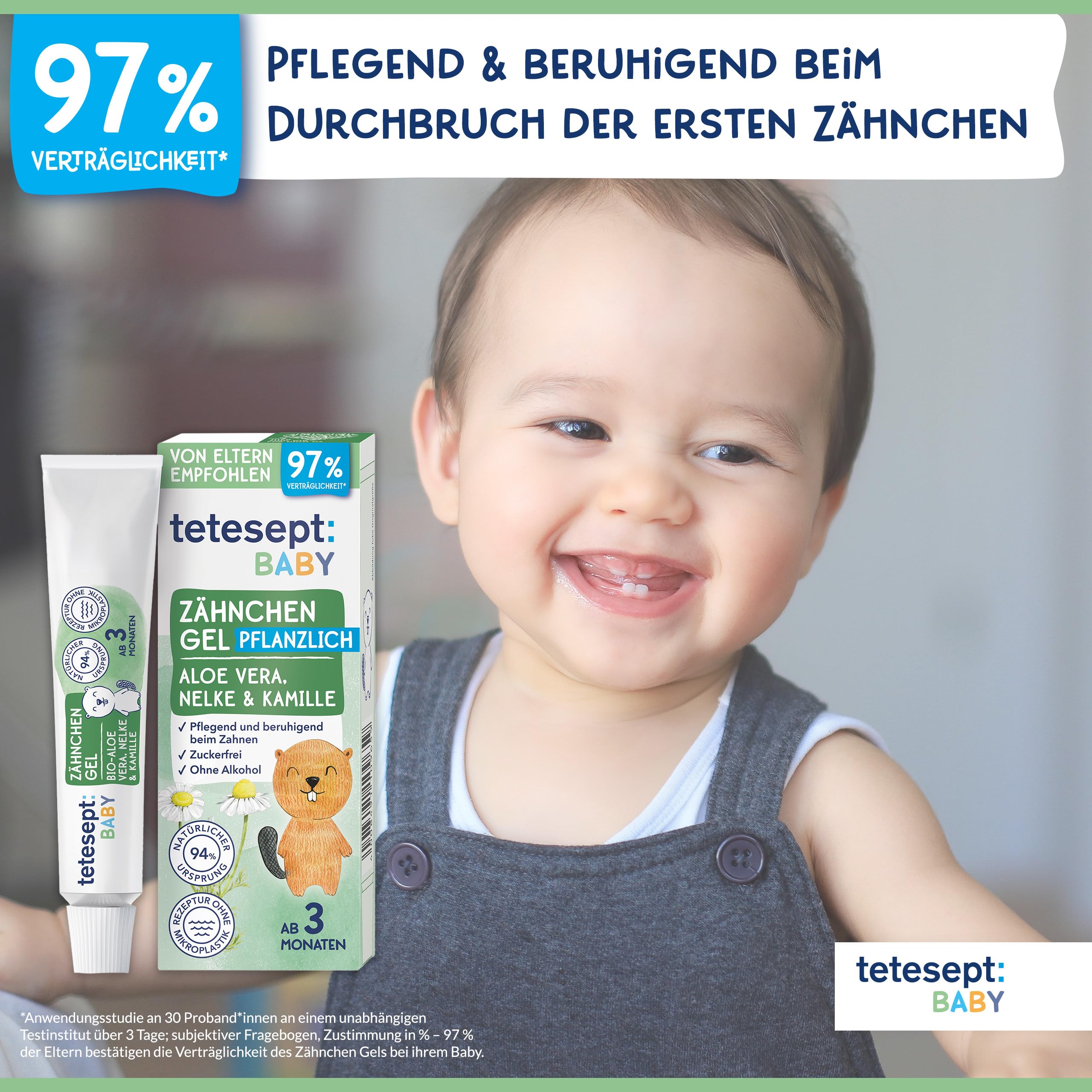 tetesept Gel dental para bebés 10 ml con aloe vera, clavo y manzanilla, calma encías, sin azúcar ni alcohol