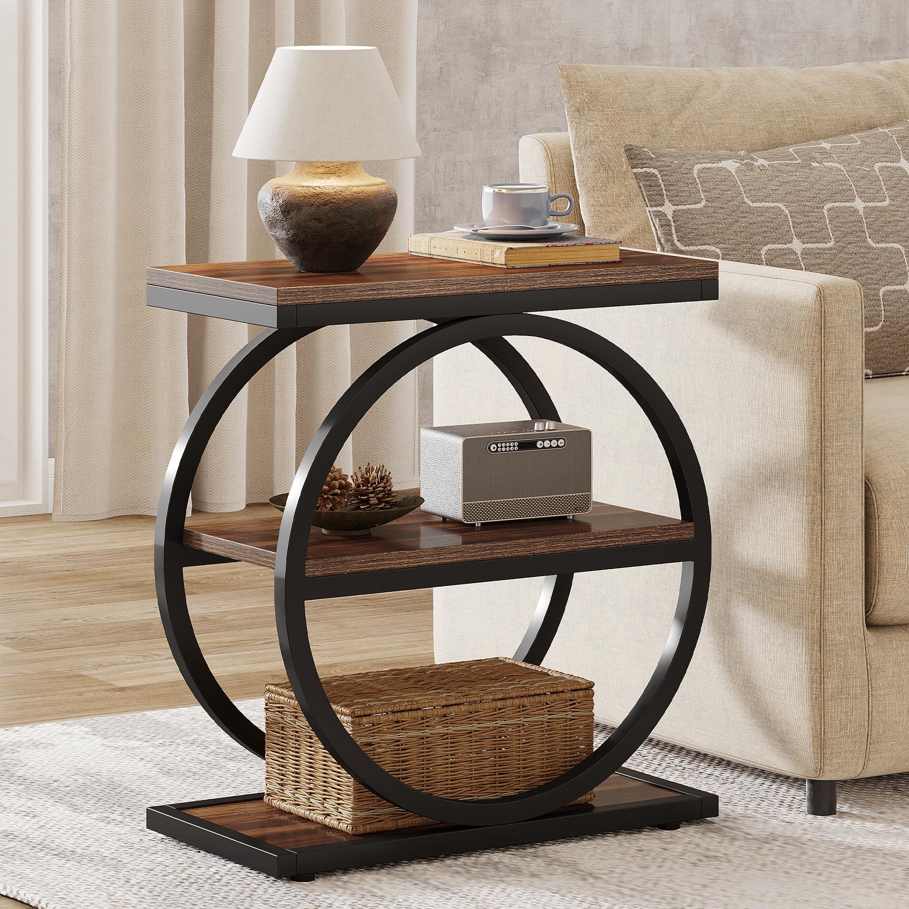 Tribesigns Narrow End Table with 3 Storage Shelves, Industrial Small Sofa Side Table for Living Room, Slim Nightstand for Bedroom