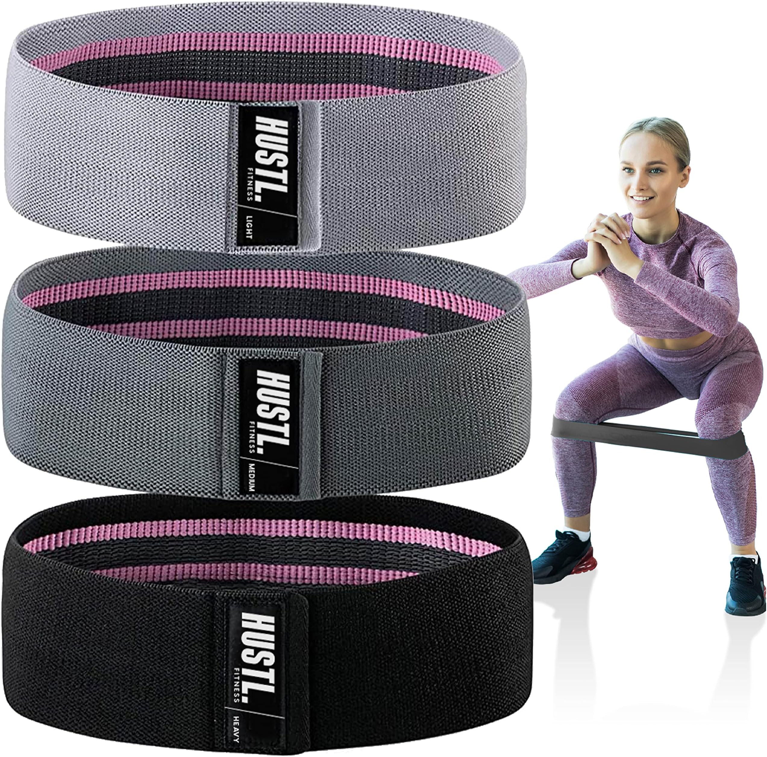 HUSTL Pack of 3 Gym Resistance Bands Set - Non-Slip Fabric, Skin-Friendly Elastic Loop Booty Stretching Band, Light To Heavy Workout - Ideal Fitness Band for Yoga, Muscle Toning and CrossFit