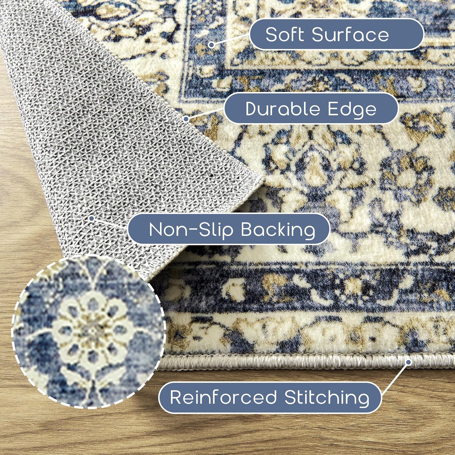 3x5 Front Door Rug Indoor Entrance Blue Bathroom Rugs Non Slip Washable Soft Vintage Boho Distressed Low Pile Carpet with Rubber Backing Dark Blue Rugs for Kitchen Floor Laundry Room 3 x 5