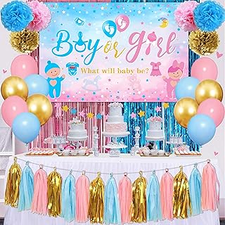 Gender Reveal Decorations, Boy or Girl Gender Reveal Party Supplies Kit Including What Will Baby Be Backdrop, Pink and Blue Balloons, Star Banner,Metallic Tinsel Foil Fringe Backdrop,Pompoms, Garland