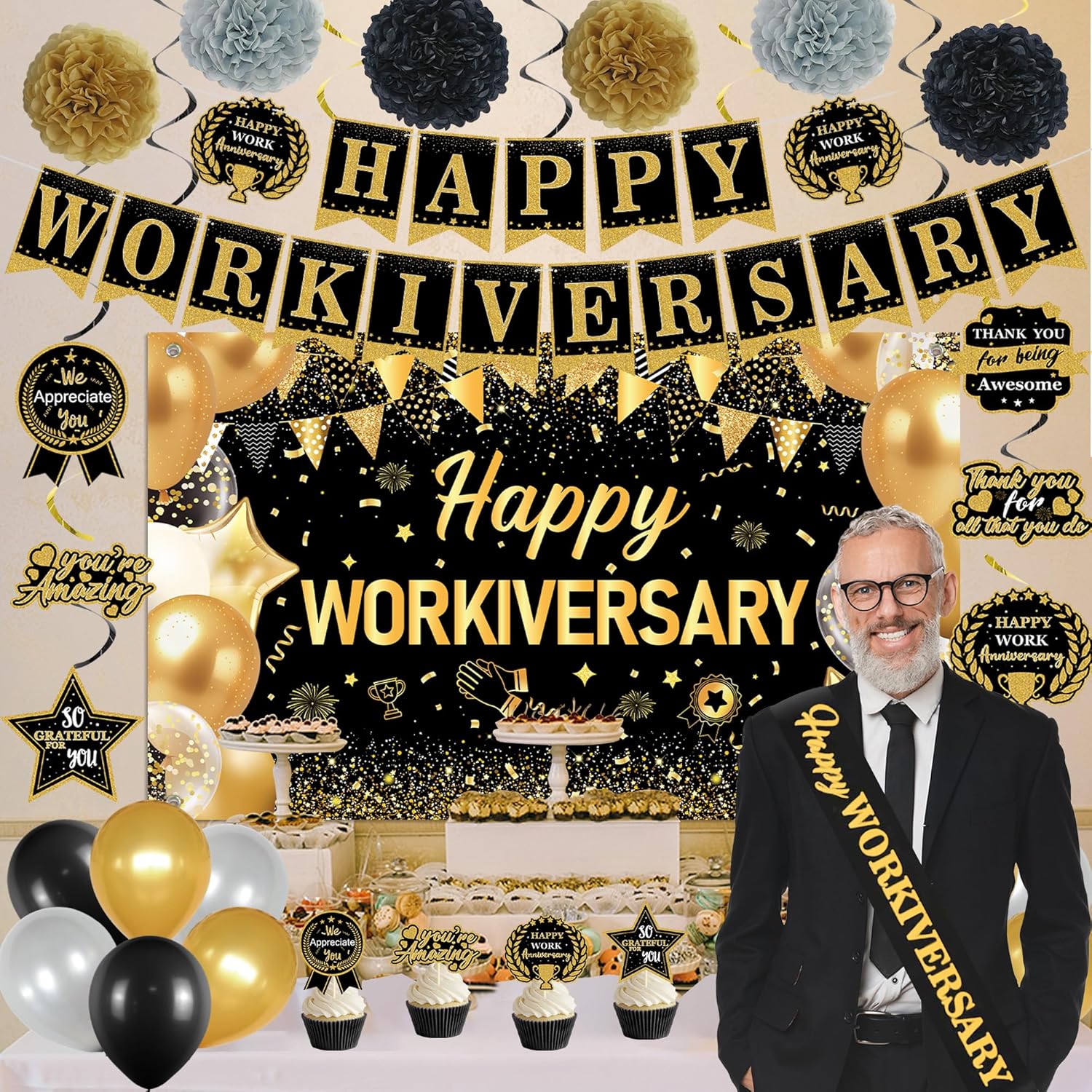 DARUNAXY Happy Workiversary Party Decorations for Men Women, Black Gold Happy Work Anniversary Banner Cake Topper Hanging Swirl Confetti Balloons Decor Set for Employee Office Party Supplies(31PC)