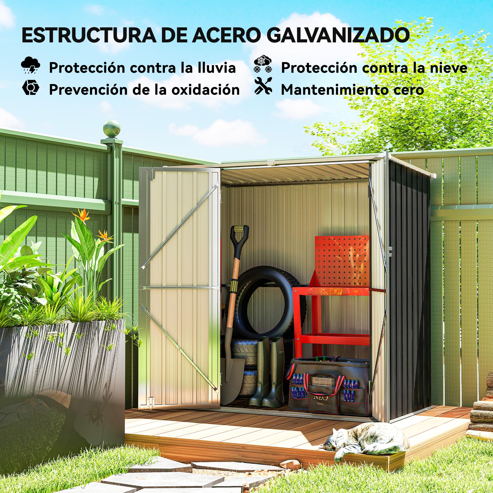 Outsunny Caseta de Jardín Exterior 1,37 m², 163x89x163 cm, Cobertizo de Jardín Exterior Metálico con Techo Inclinado, Puertas con Pestillo y Guantes para Almacenamiento de Herramientas, Gris Oscuro - 4