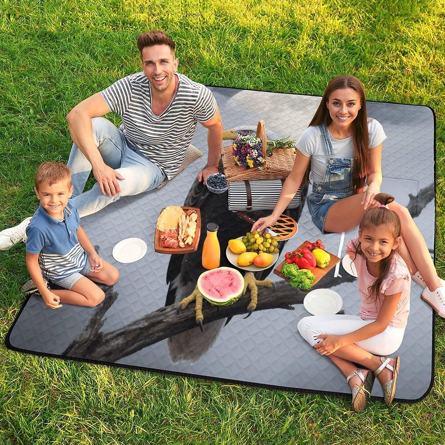 Eagle Full Moon Picnic Blanket 200x200cm, Foldable 2-in-1 Picnic Mat and Tote Bag Portable Waterproof Beach Mat Sandproof Outdoor Blanket for Park, Hiking, Beach, Camping, Travel