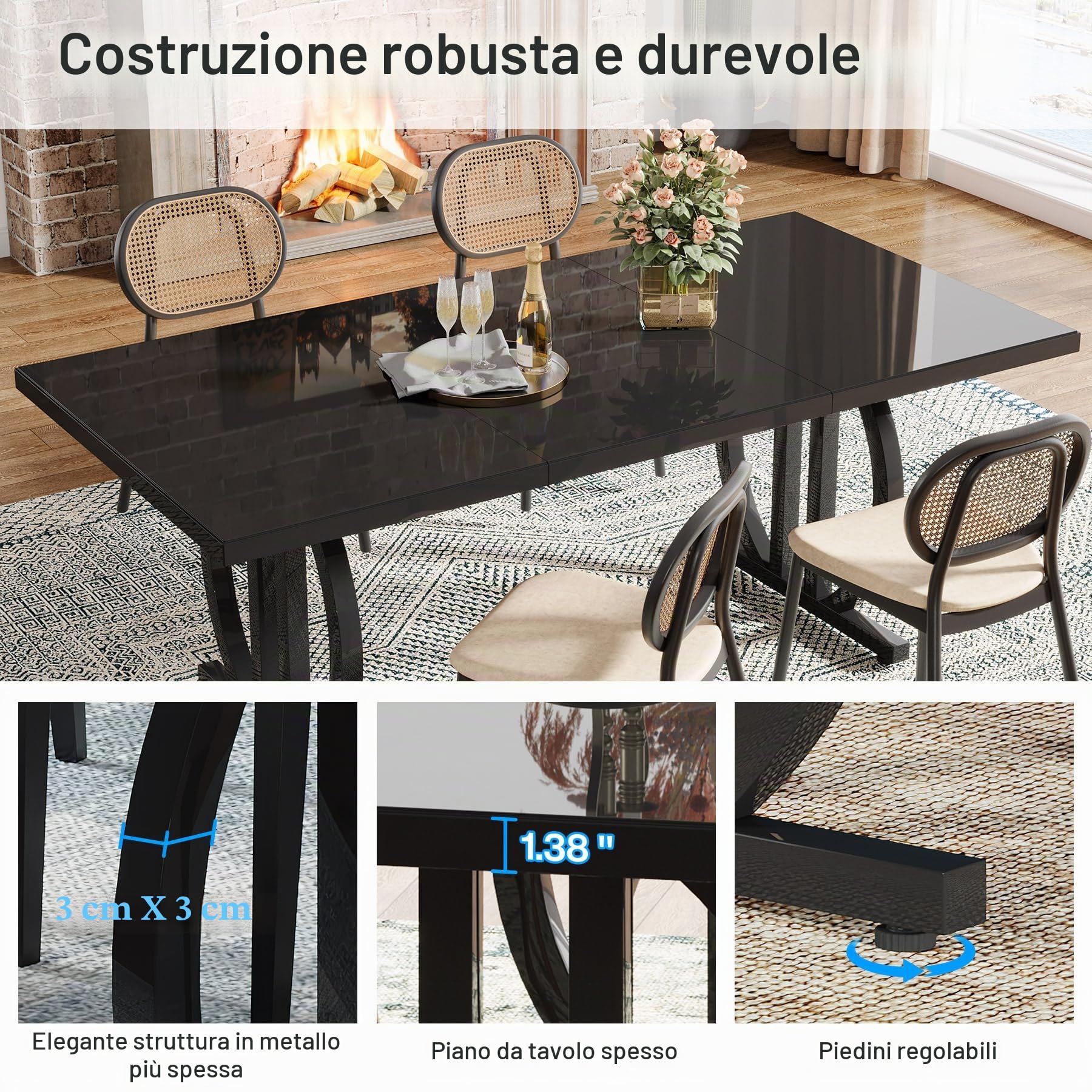 Tribesigns Tavolo da pranzo nero per 4-6 persone, tavolo rettangolare da 150 cm con struttura in metallo resistente