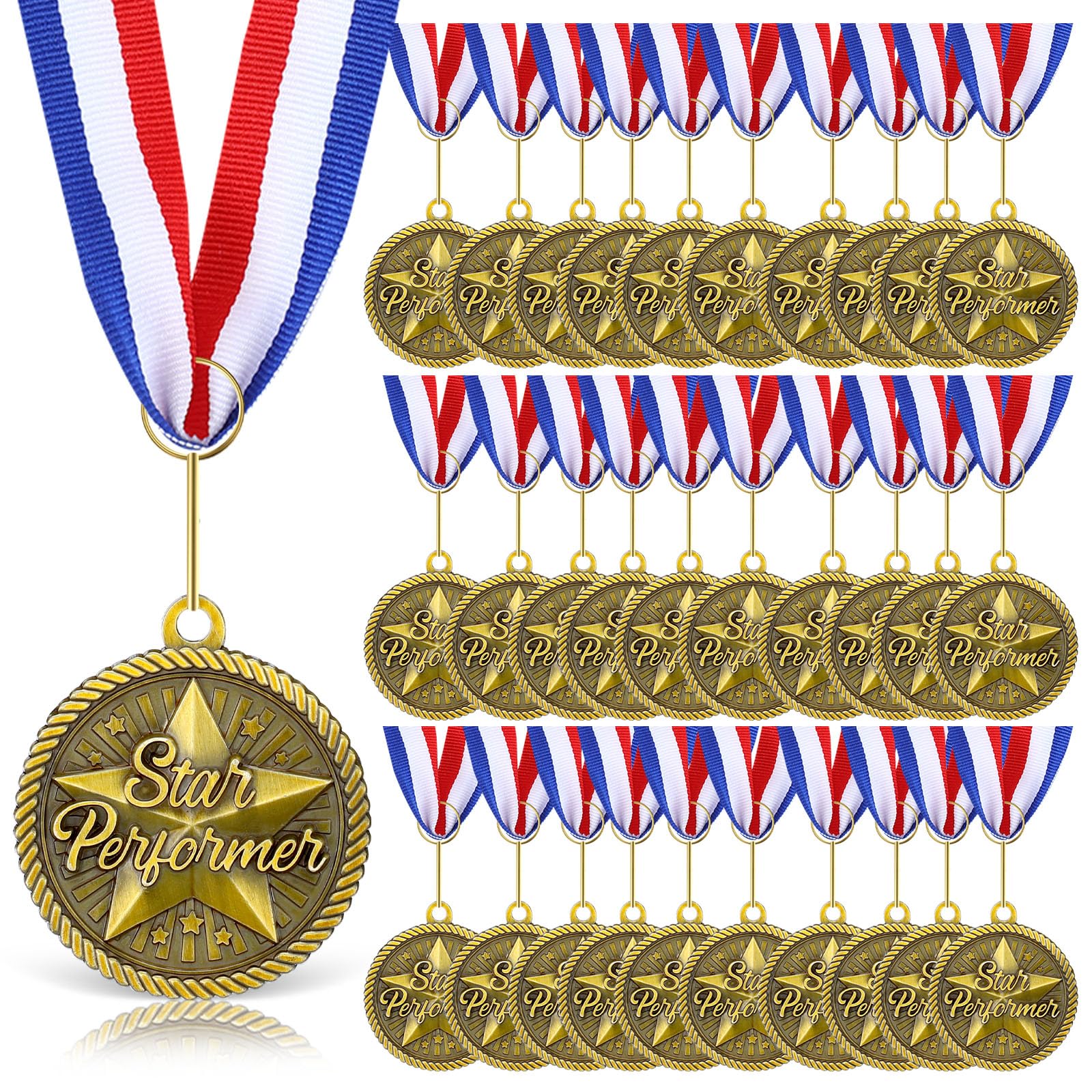 30 medallas de premio a granel de 2 pulgadas con cintas para el cuello, oro antiguo con grabado, trofeo, premios de regalo para los amantes de los libros de competiciones escolásticas