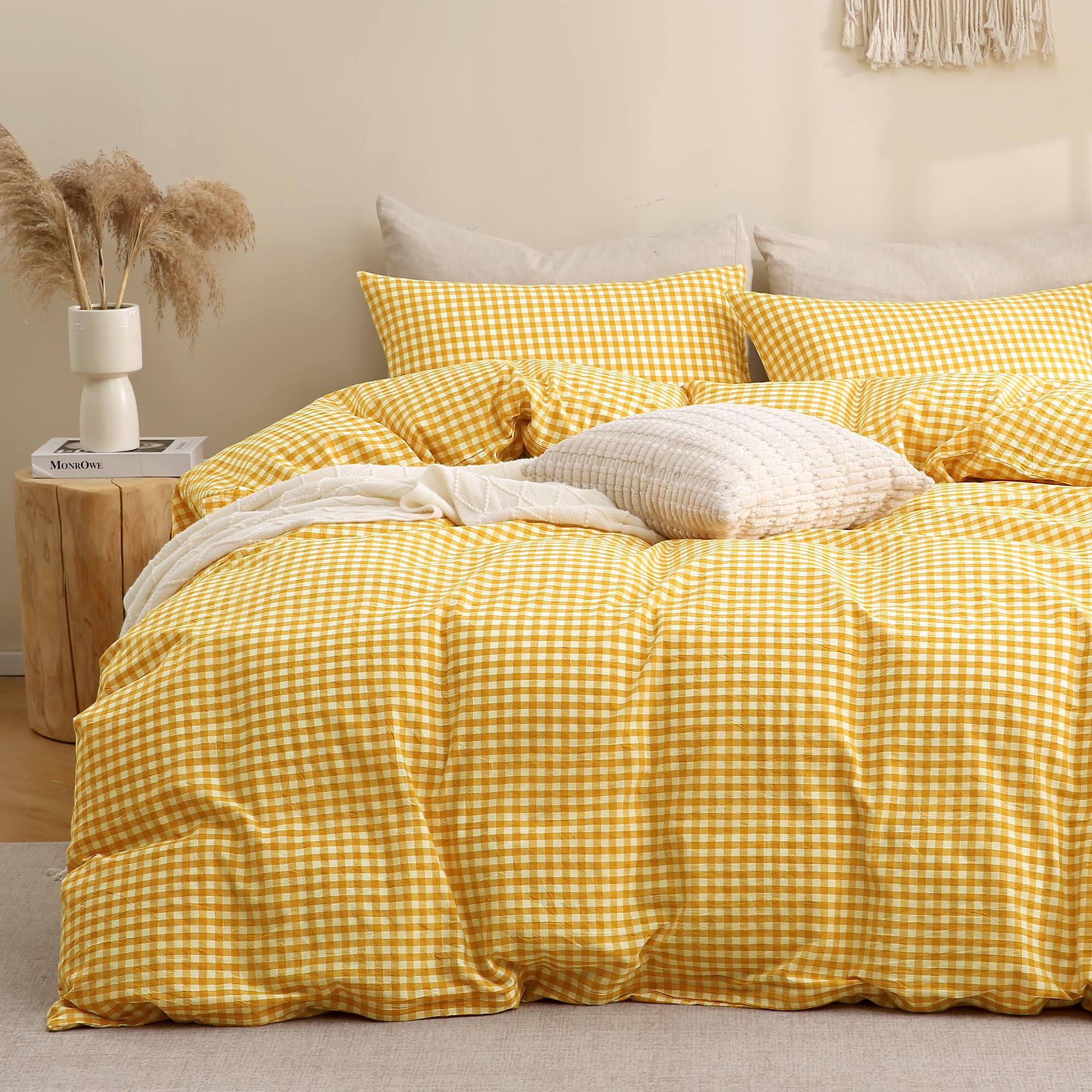 TOCOMOA Yellow Gingham Duvet Cover Set 100% Washed Cotton Like Linen Queen