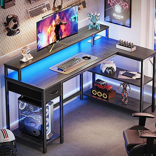 Miniatura 2 de SUPERJARE Escritorio en forma de L de 53 pulgadas con luces LED y tomas de corriente, escritorio reversible para computadora con estantes y cajón,