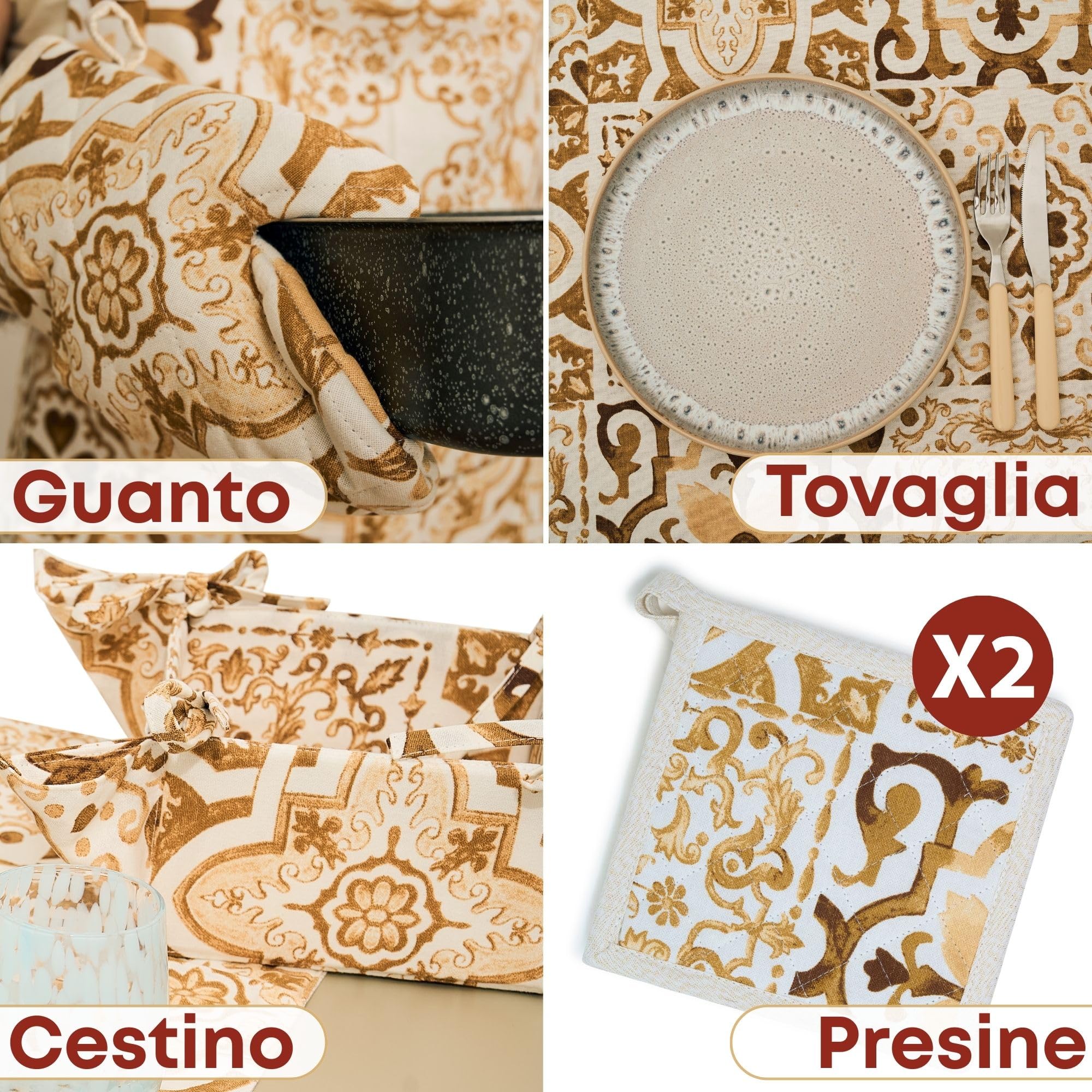 NAMAI - Set 9 Pezzi Excalibur, 100% Cotone, Lavabili in Lavatrice, Resistenti al Calore, Tovaglia Cotone 160x300, Runner Tavolo, Set Presine da Cucina e Strofinacci (Set Con Tovaglia 160x300)